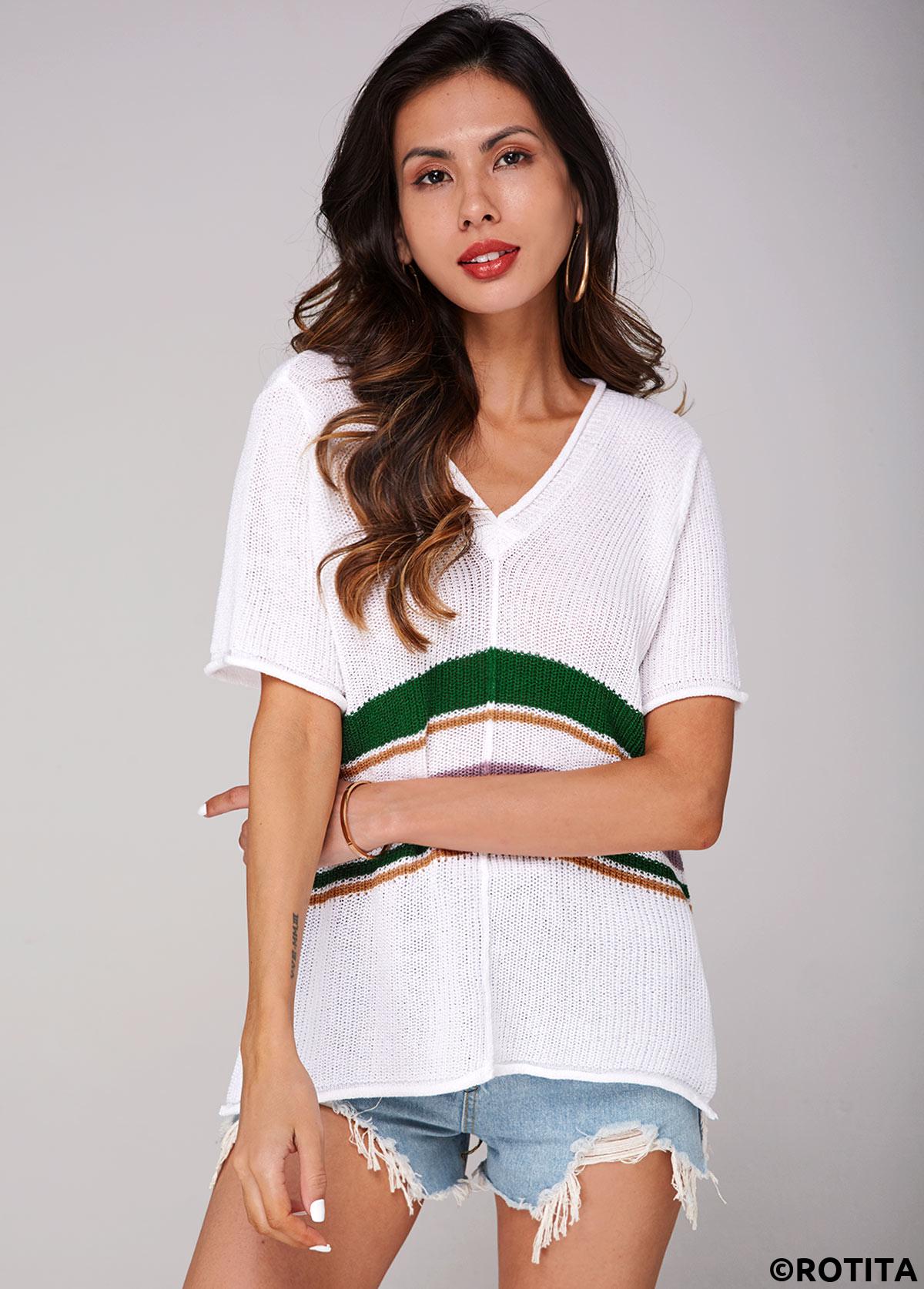 White tops,Striped tops,Contrast Short Sleeve V Neck Sweater