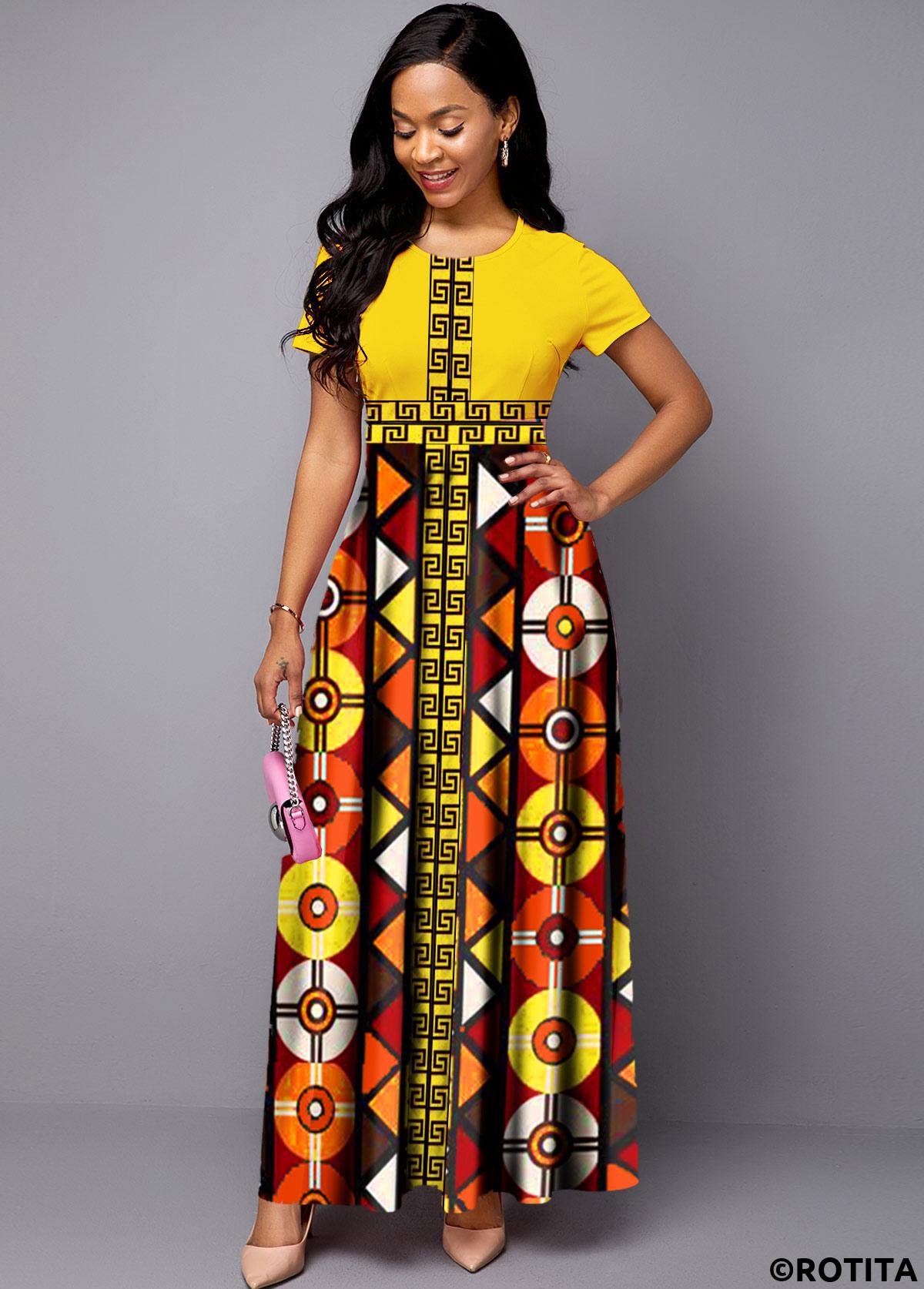 ROTITA Short Sleeve Bohemian Print Round Neck Maxi Dress
