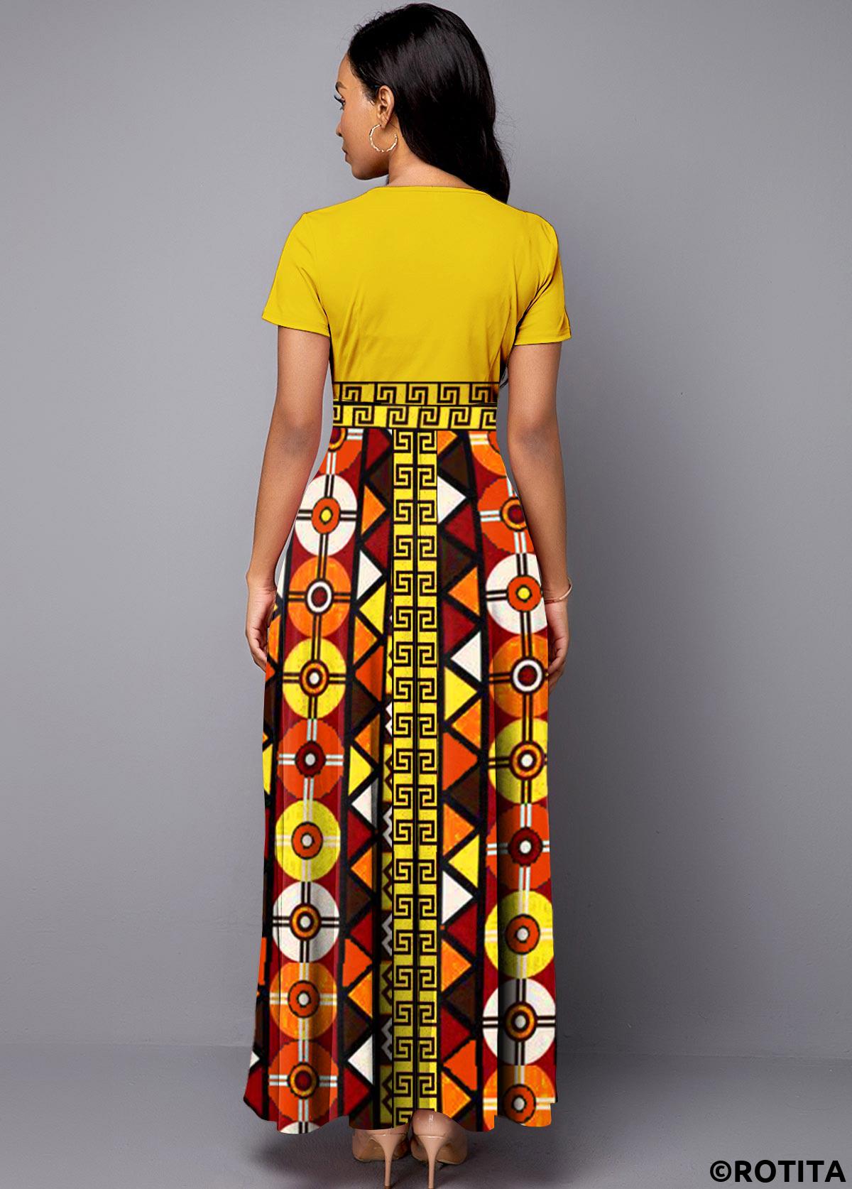 ROTITA Short Sleeve Bohemian Print Round Neck Maxi Dress