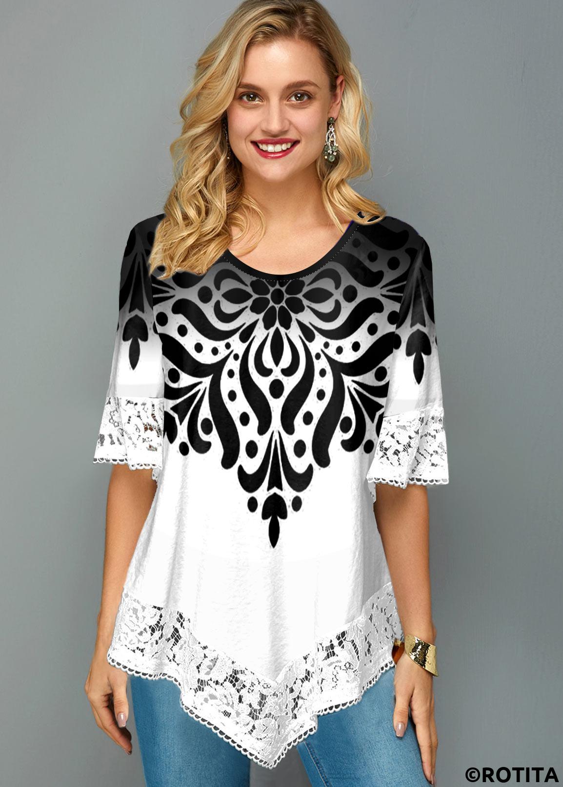 White tops,Tribal tops,ROTITA Lace Trim Asymmetric Hem Printed T Shirt