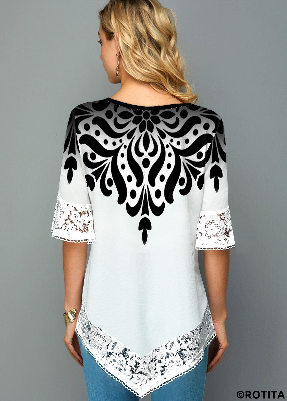 White tops,Tribal tops,ROTITA Lace Trim Asymmetric Hem Printed T Shirt