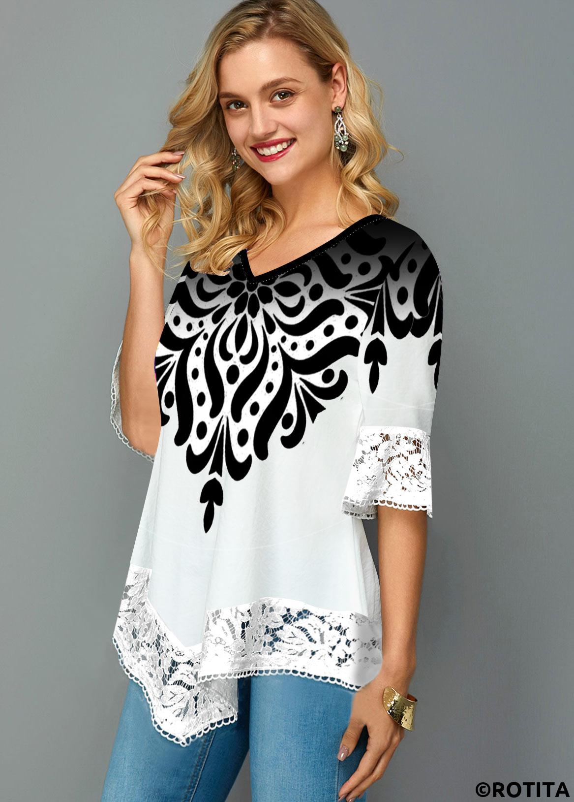 White tops,Tribal tops,ROTITA Lace Trim Asymmetric Hem Printed T Shirt
