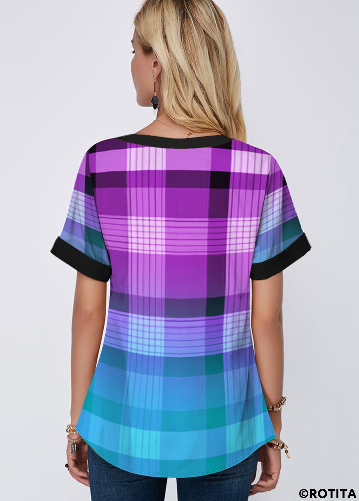 Purple tops,Plaid tops,ROTITA Plaid Purple Split Neck Short Sleeve Blouse