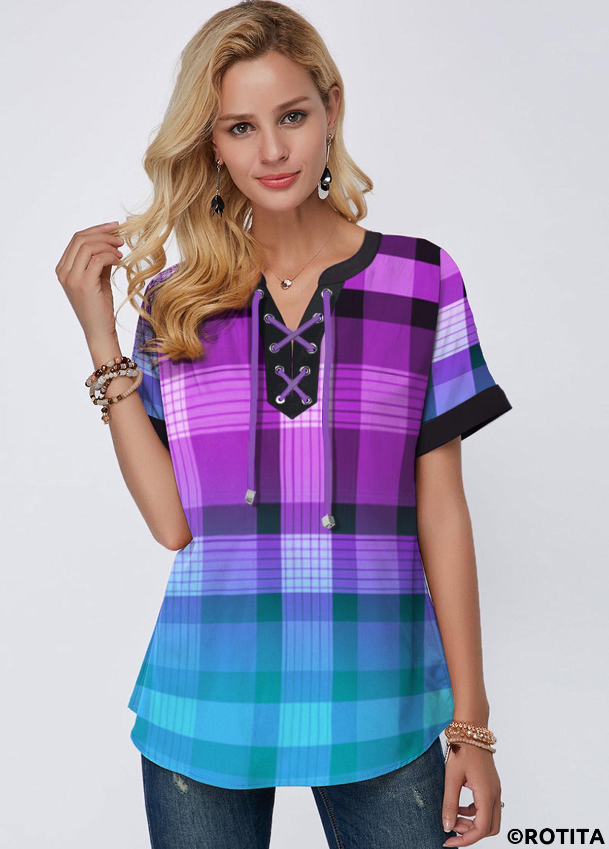 Purple tops,Plaid tops,ROTITA Plaid Purple Split Neck Short Sleeve Blouse