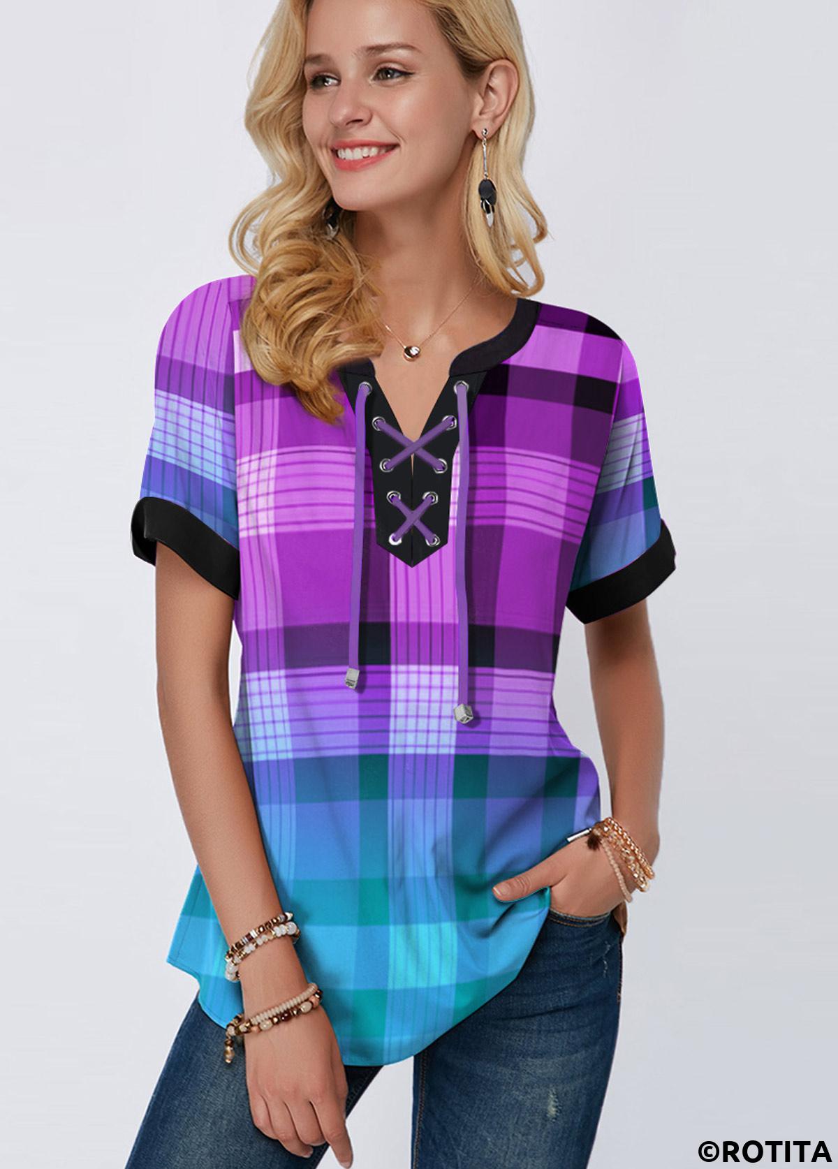Purple tops,Plaid tops,ROTITA Plaid Purple Split Neck Short Sleeve Blouse