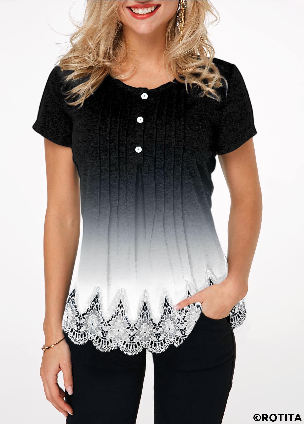 White tops,Contrast Color tops,ROTITA Gradient Button Detail Lace Hem T Shirt