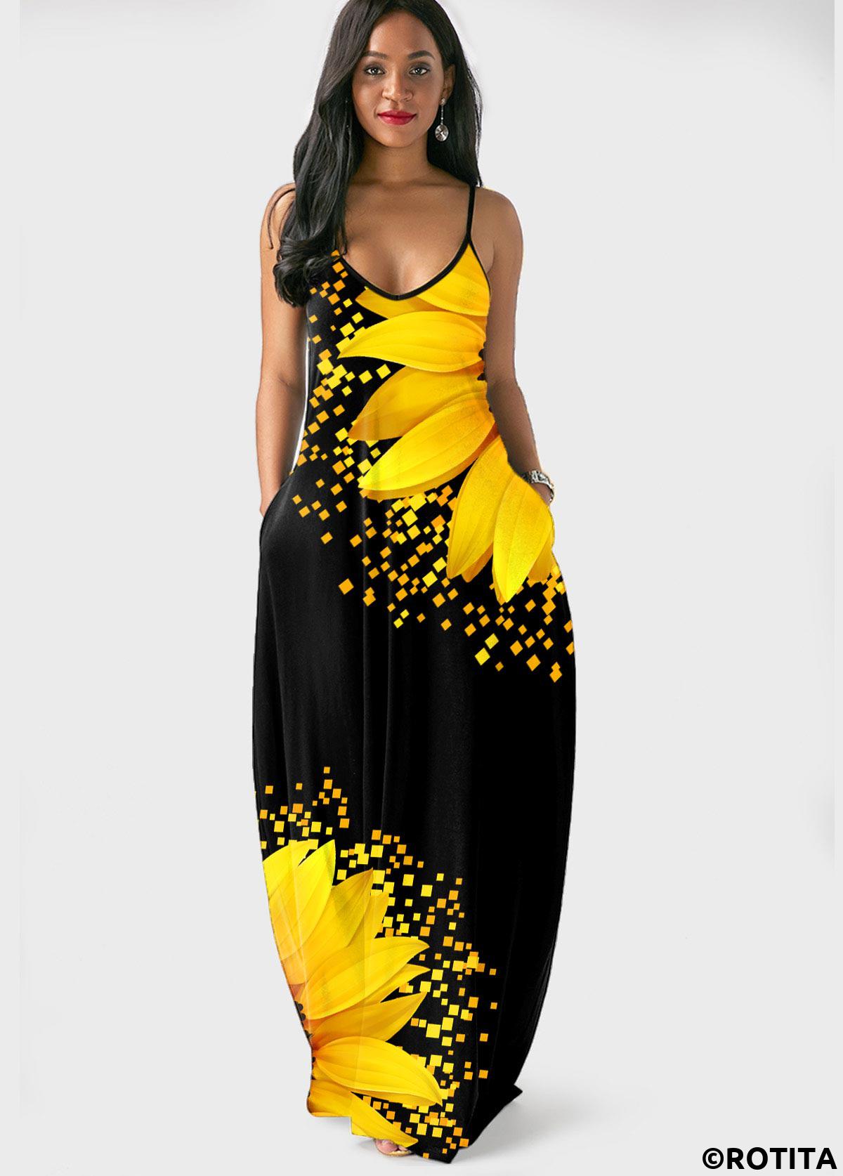 Black dresses,Floral dresses,Vacation dresses,Vacation dresses,ROTITA Side Pocket Sunflower Print Spaghetti Strap Maxi Dress