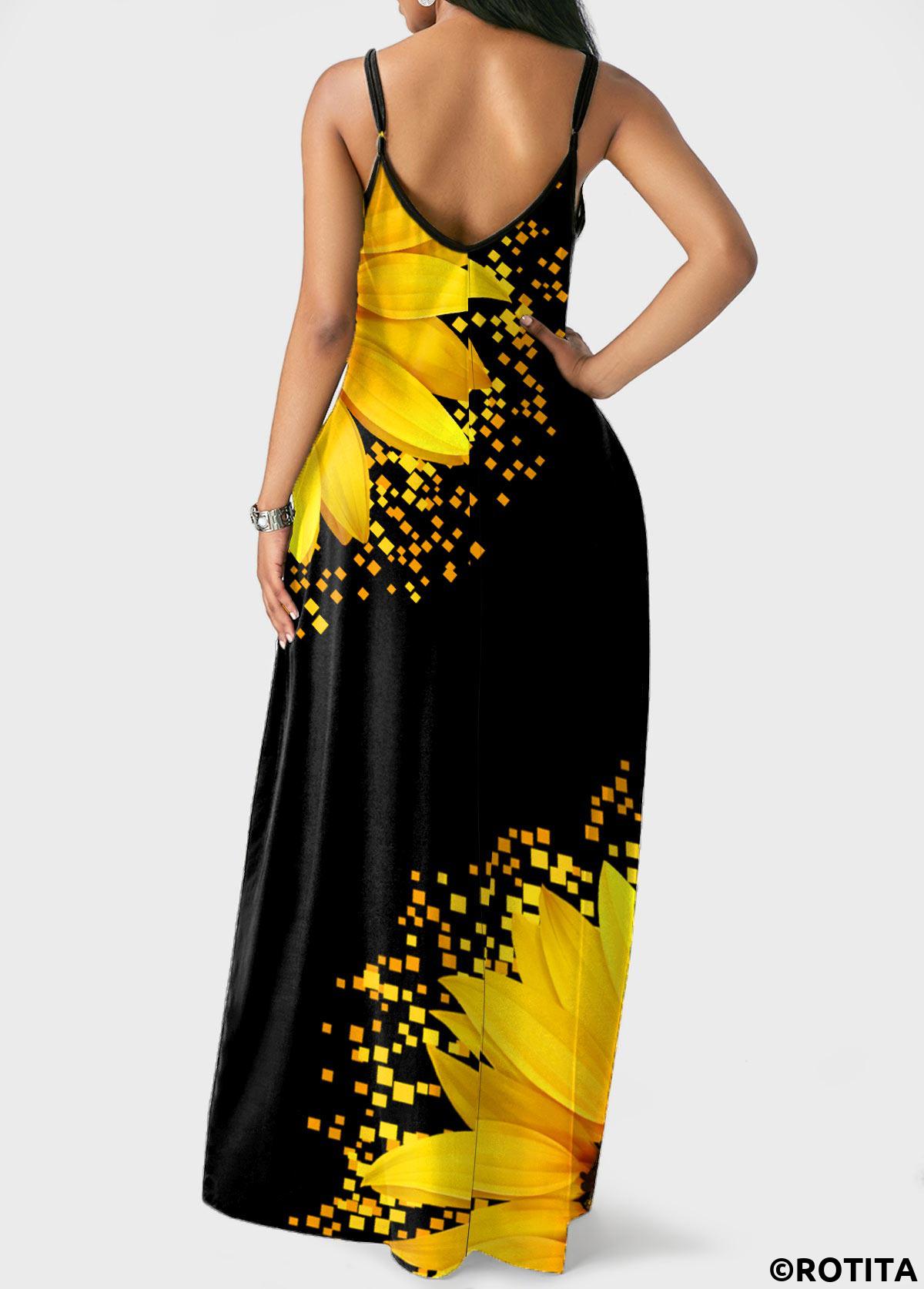 Black dresses,Floral dresses,Vacation dresses,Vacation dresses,ROTITA Side Pocket Sunflower Print Spaghetti Strap Maxi Dress