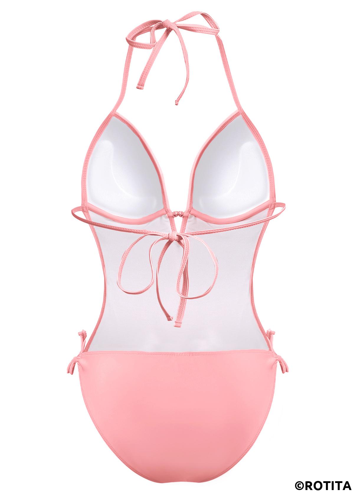 Light Pink swimwear,Plain Color swimwear,ROTITA Halter Tassel Embellished Light Pink One Piece Swimwear