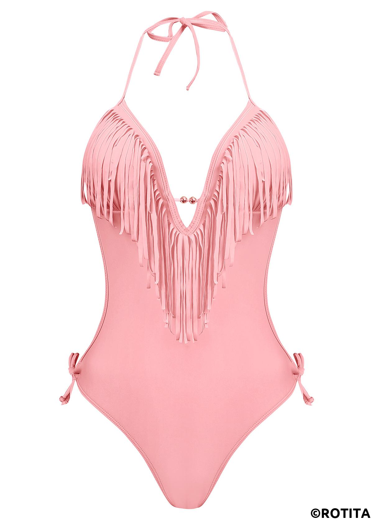 Light Pink swimwear,Plain Color swimwear,ROTITA Halter Tassel Embellished Light Pink One Piece Swimwear