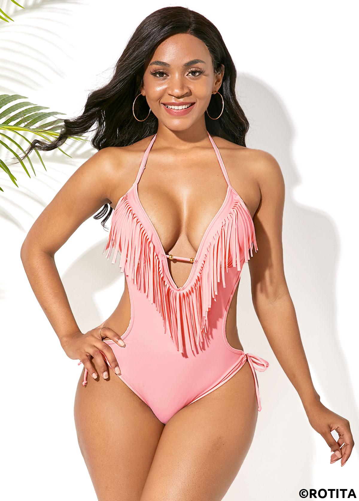 Light Pink swimwear,Plain Color swimwear,ROTITA Halter Tassel Embellished Light Pink One Piece Swimwear