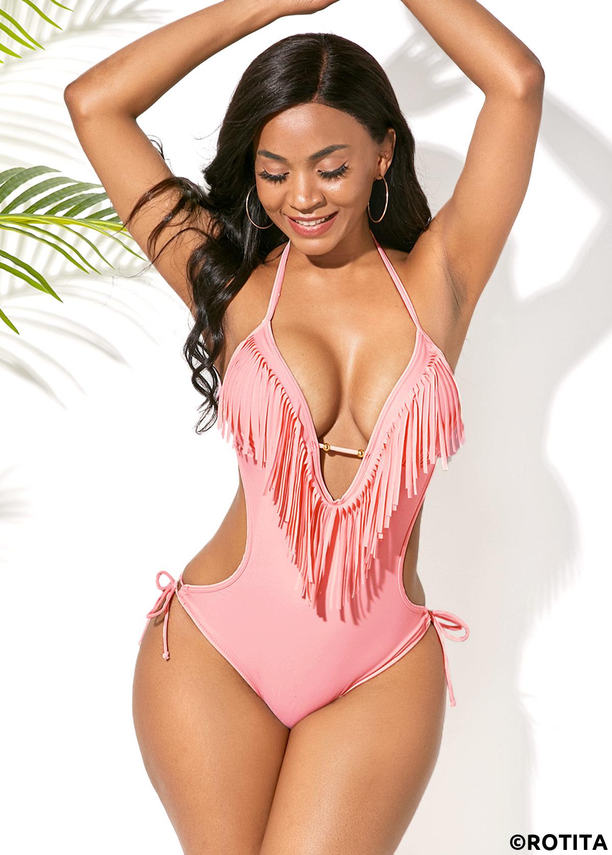 Light Pink swimwear,Plain Color swimwear,ROTITA Halter Tassel Embellished Light Pink One Piece Swimwear
