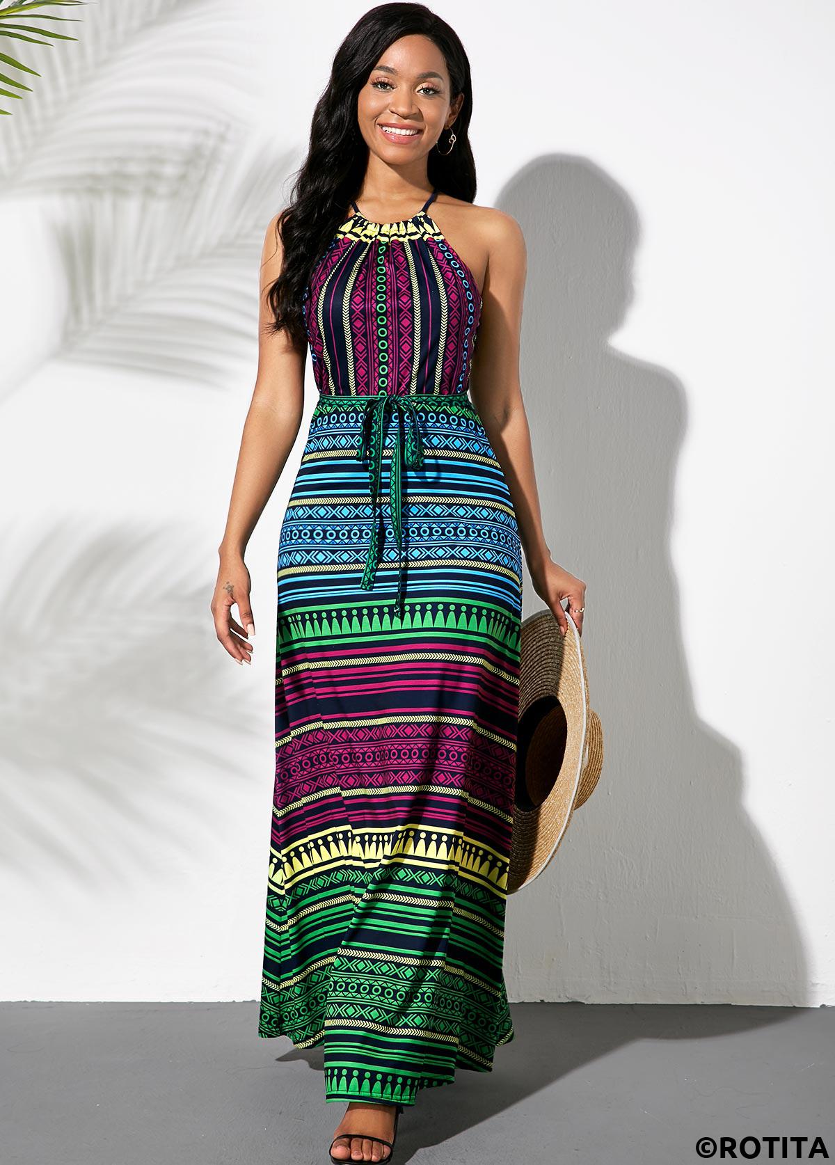Multi Color dresses,Tribal dresses,Everyday dresses,Casual dresses,ROTITA Bowknot Sash Multicolor Striped Dress
