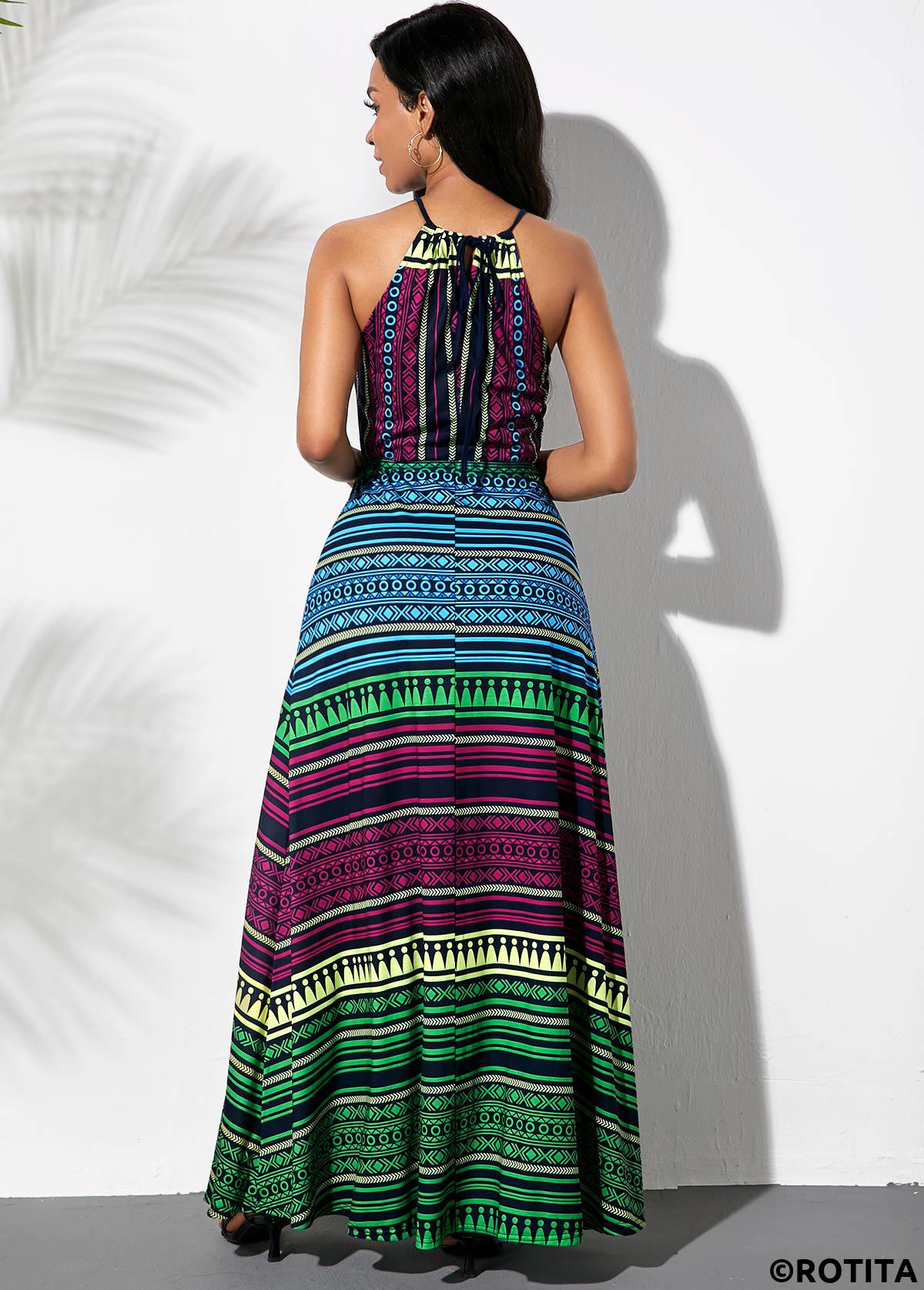 Multi Color dresses,Tribal dresses,Everyday dresses,Casual dresses,ROTITA Bowknot Sash Multicolor Striped Dress