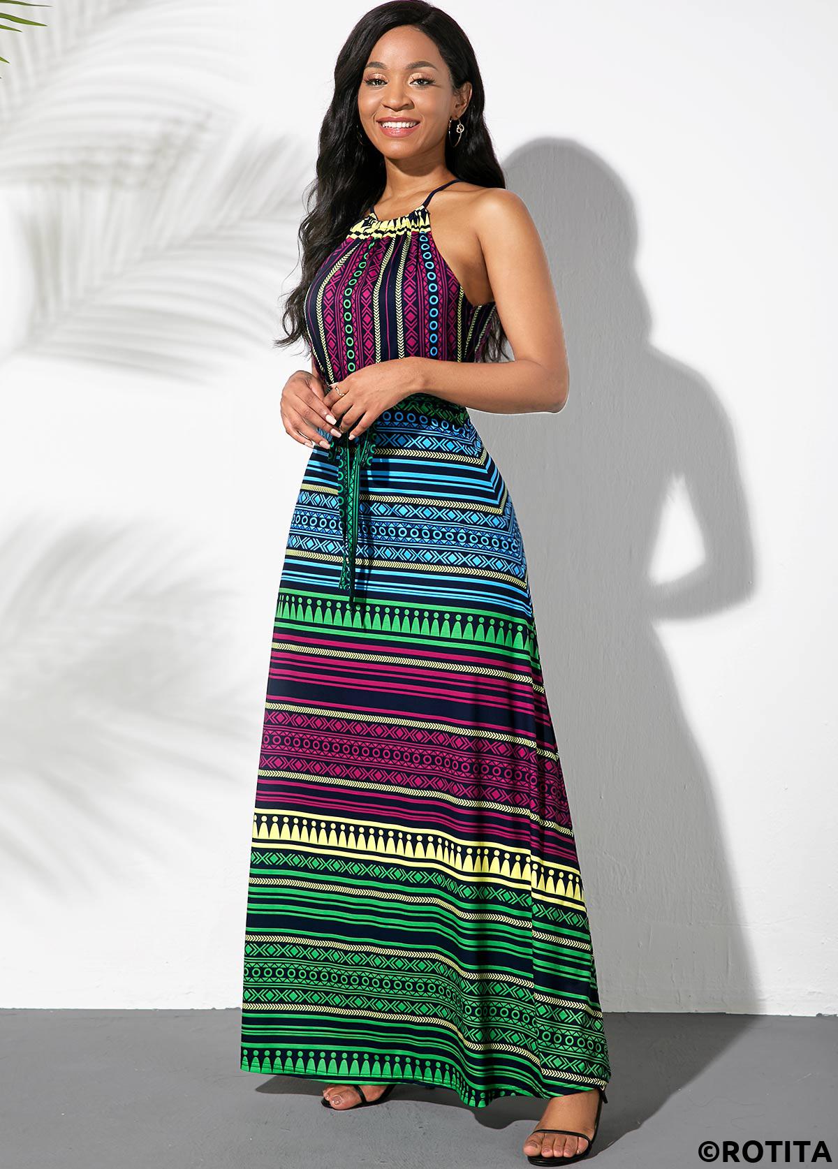 Multi Color dresses,Tribal dresses,Everyday dresses,Casual dresses,ROTITA Bowknot Sash Multicolor Striped Dress