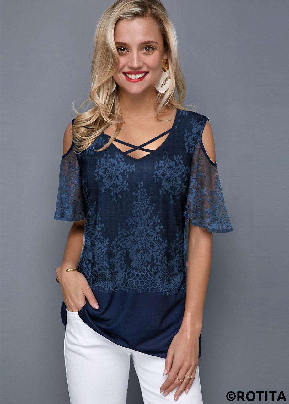 Navy tops,Plain Color tops,ROTITA Criss Cross V Neck Short Sleeve T Shirt