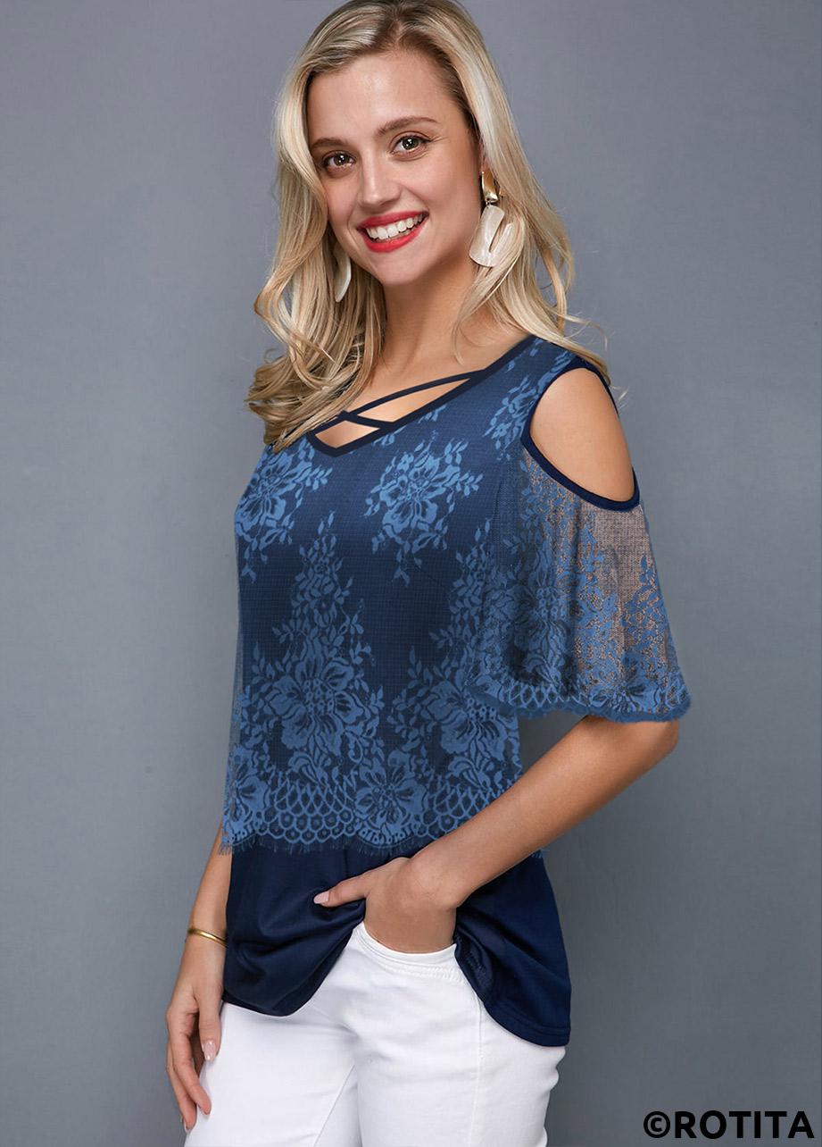 Navy tops,Plain Color tops,ROTITA Criss Cross V Neck Short Sleeve T Shirt