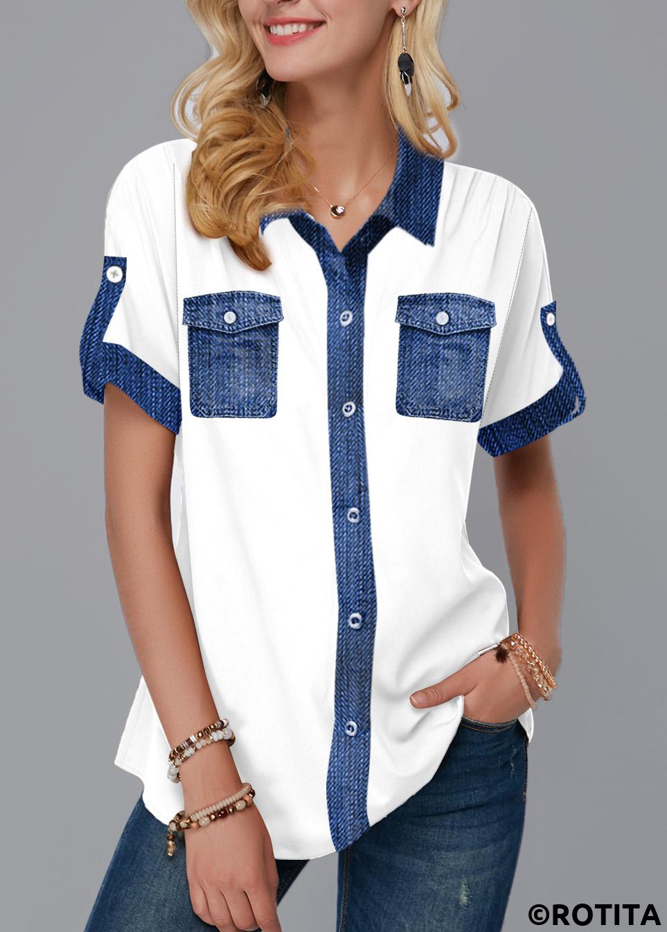 White tops,Contrast Color tops,ROTITA Faux Denim Turndown Collar Button Up Blouse