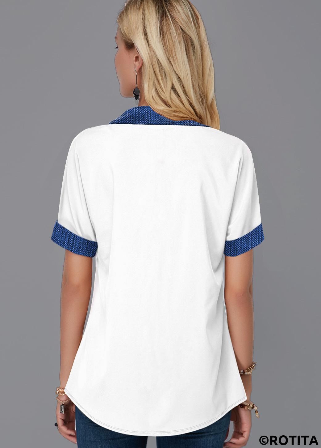 White tops,Contrast Color tops,ROTITA Faux Denim Turndown Collar Button Up Blouse