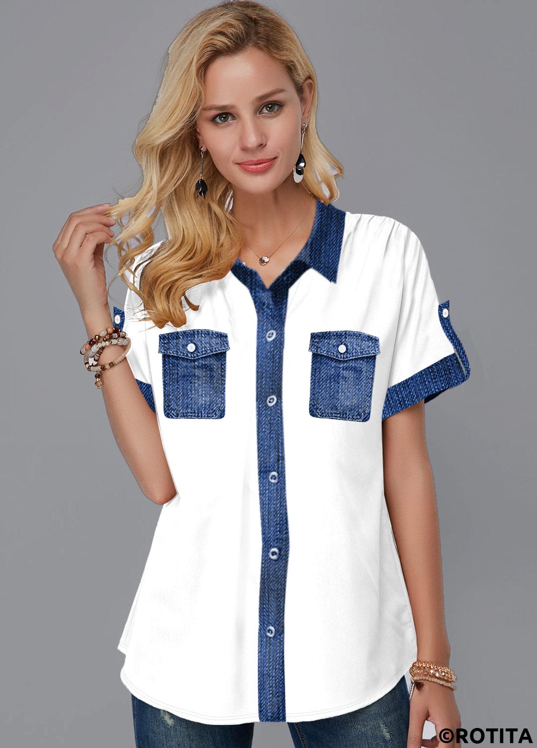 White tops,Contrast Color tops,ROTITA Faux Denim Turndown Collar Button Up Blouse