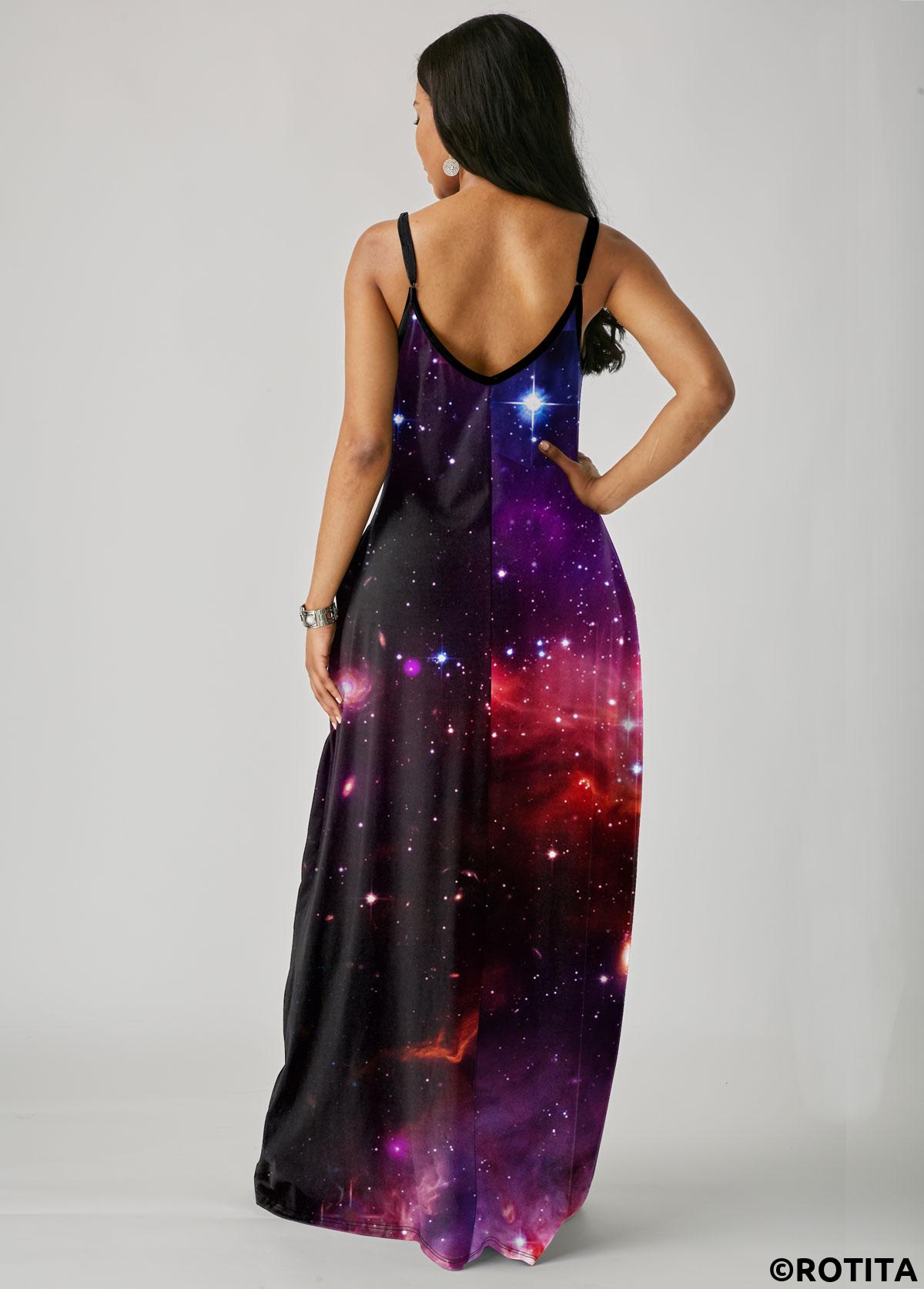Black dresses,Galaxy dresses,Vacation dresses,Vacation dresses,ROTITA Starry Night Print Side Pocket Spaghetti Strap Maxi Dress