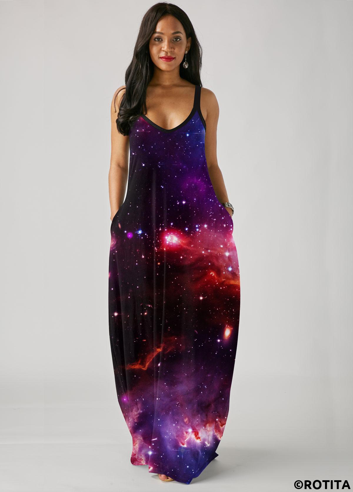 Black dresses,Galaxy dresses,Vacation dresses,Vacation dresses,ROTITA Starry Night Print Side Pocket Spaghetti Strap Maxi Dress