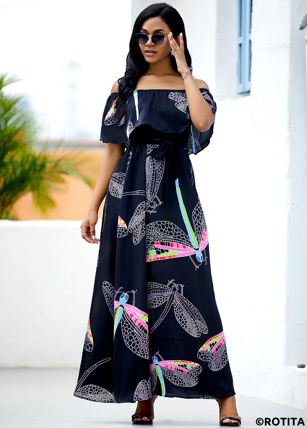 Black dresses,Animal Print dresses,Everyday dresses,Casual dresses,ROTITA Off the Shoulder Dragonfly Print Belted Maxi Dress