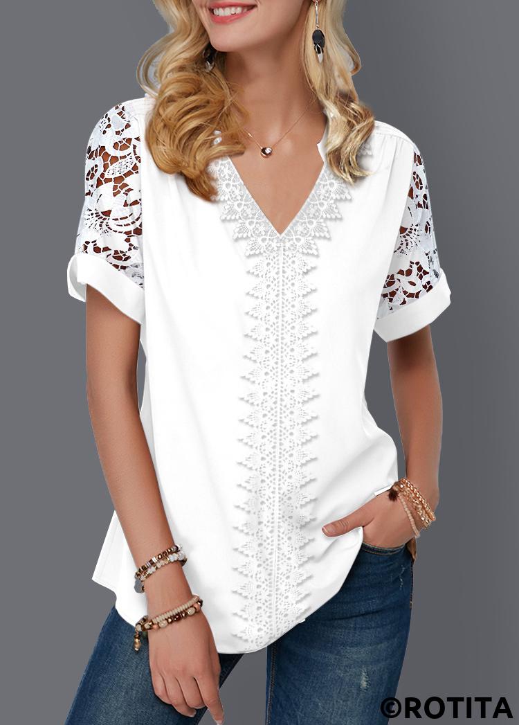 White tops,Plain Color tops,ROTITA Mesh White V Neck Short Sleeve Blouse