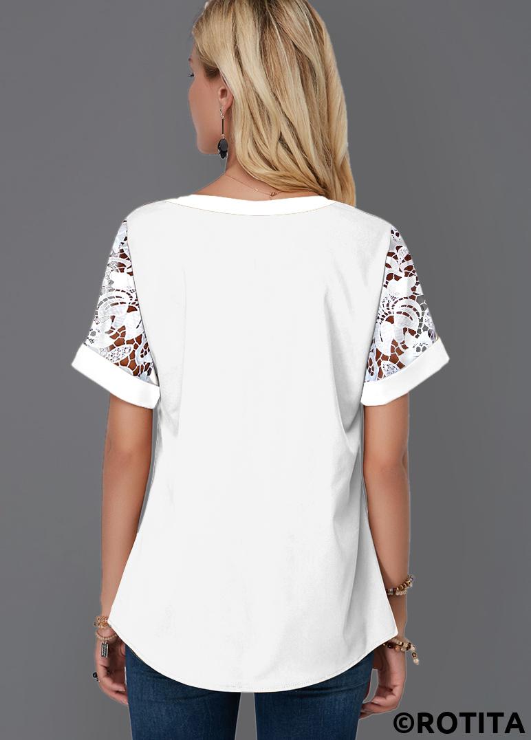 White tops,Plain Color tops,ROTITA Mesh White V Neck Short Sleeve Blouse