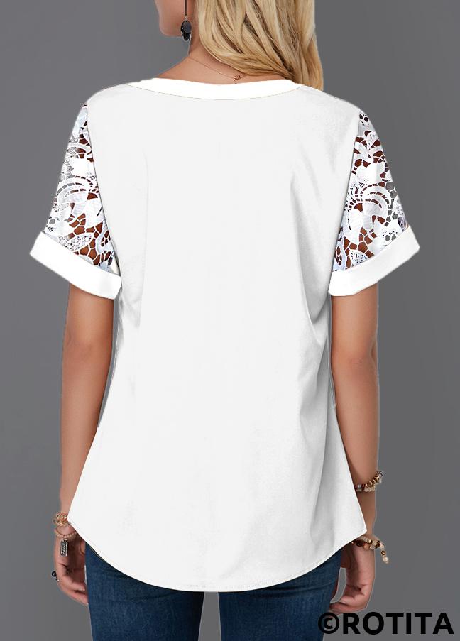 White tops,Plain Color tops,ROTITA Mesh White V Neck Short Sleeve Blouse