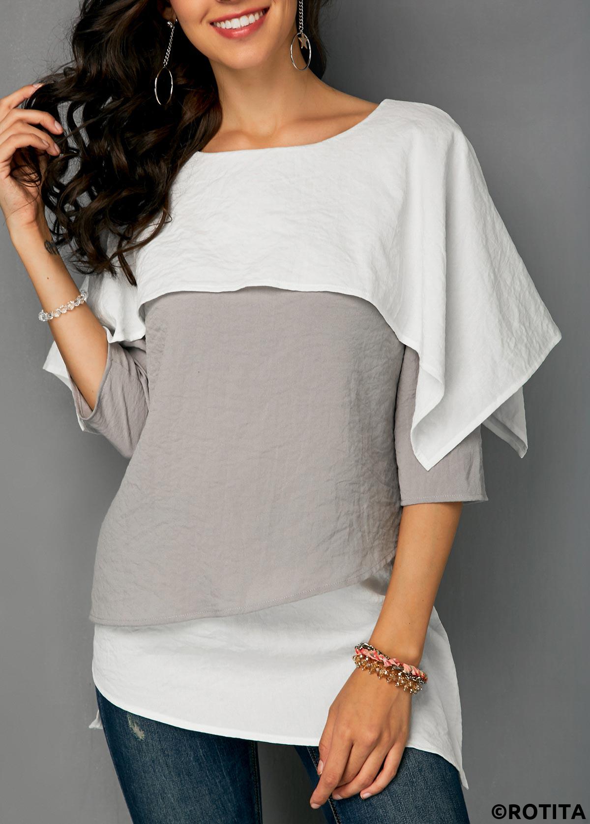 Grey tops,Contrast Color tops,ROTITA Layered Hem Contrast Overlay Detail Blouse