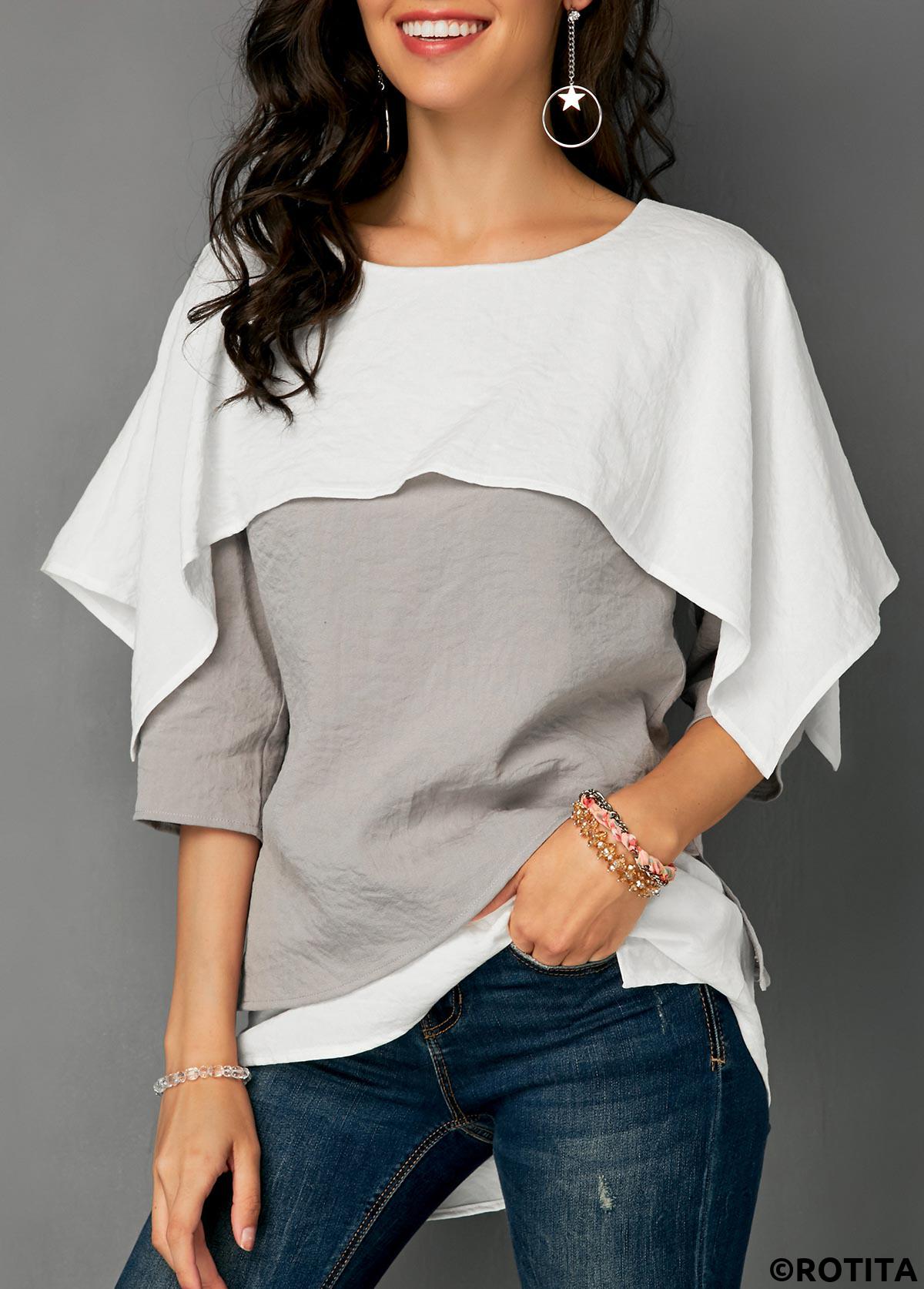 Grey tops,Contrast Color tops,ROTITA Layered Hem Contrast Overlay Detail Blouse