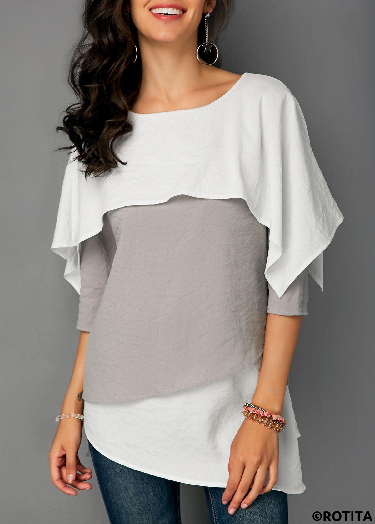 Grey tops,Contrast Color tops,ROTITA Layered Hem Contrast Overlay Detail Blouse