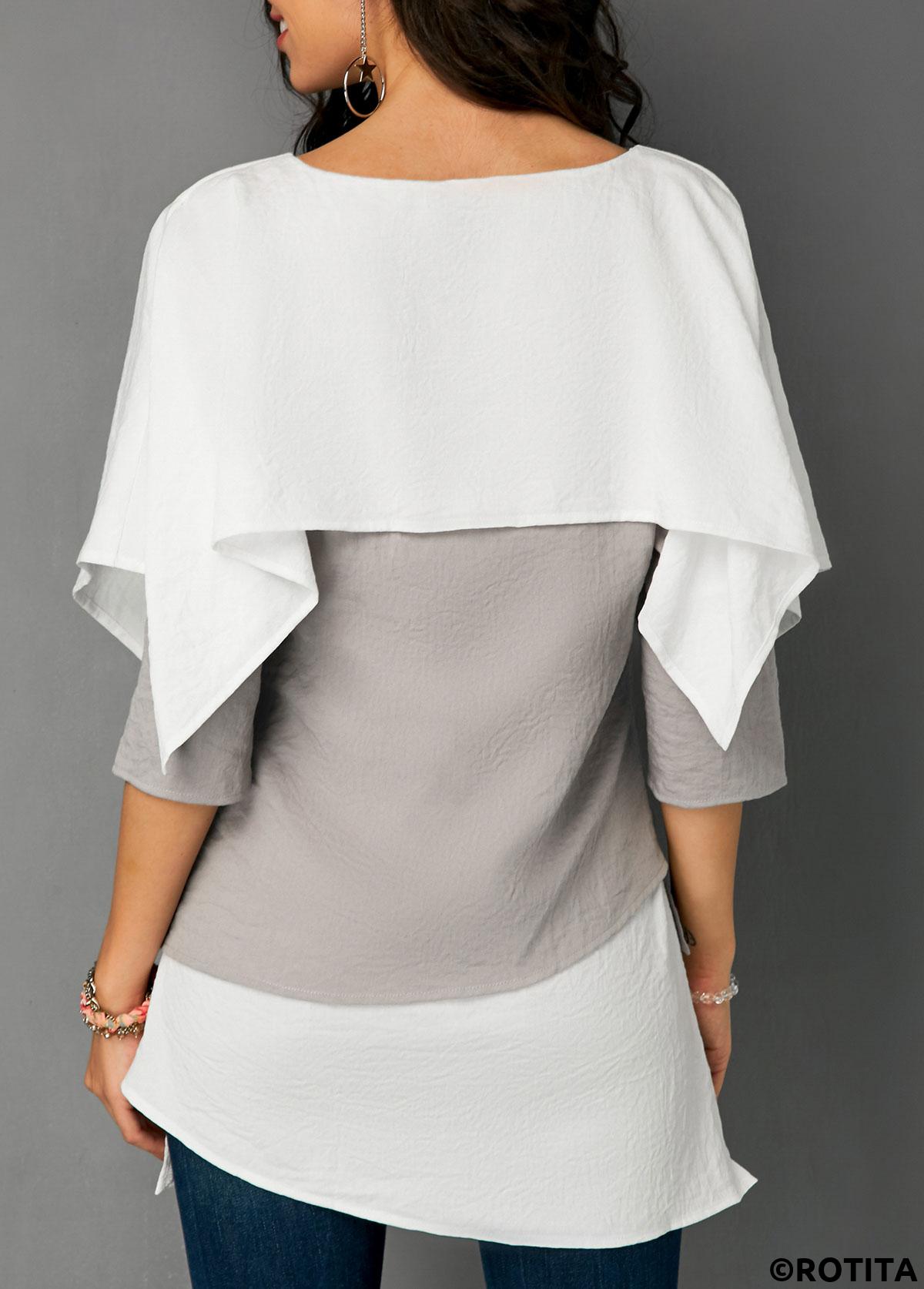 Grey tops,Contrast Color tops,ROTITA Layered Hem Contrast Overlay Detail Blouse