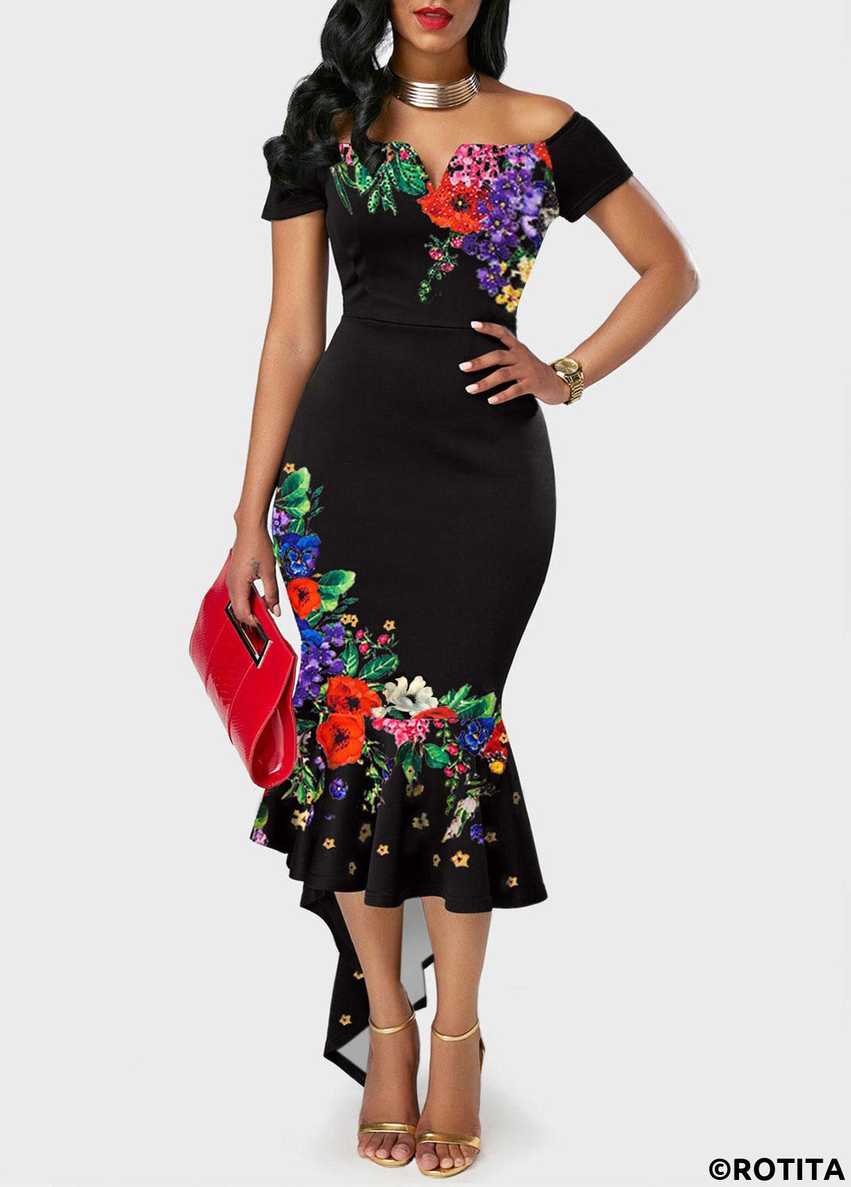 Black dresses,Floral dresses,Party dresses,Elegant dresses,ROTITA Off the Shoulder Floral Print Mermaid Dress 