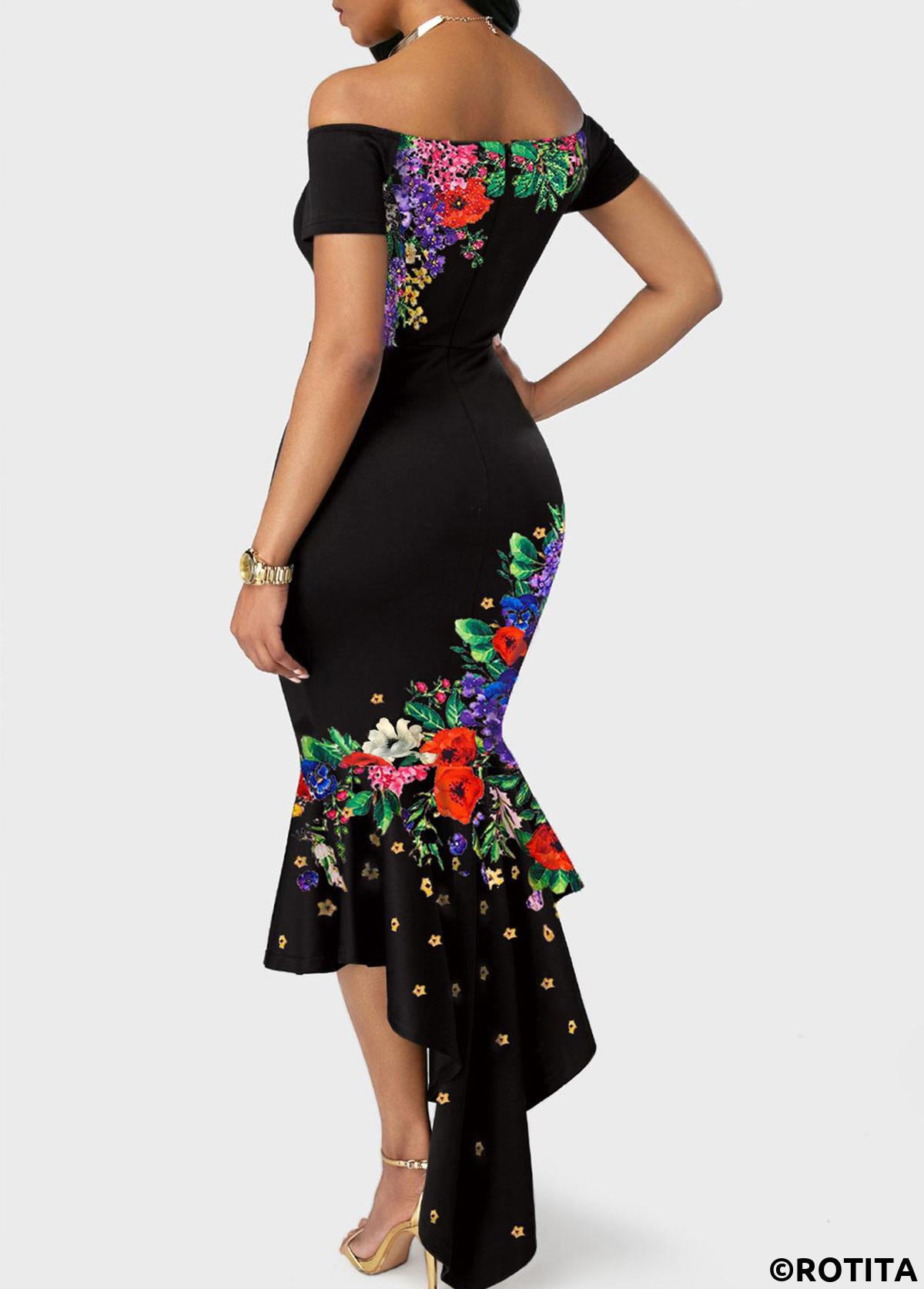Black dresses,Floral dresses,Party dresses,Elegant dresses,ROTITA Off the Shoulder Floral Print Mermaid Dress 