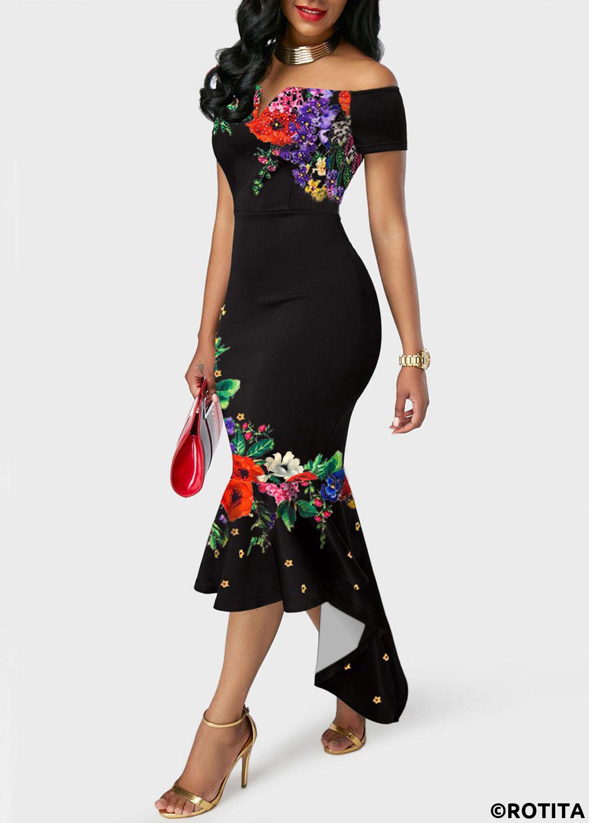 Black dresses,Floral dresses,Party dresses,Elegant dresses,ROTITA Off the Shoulder Floral Print Mermaid Dress 