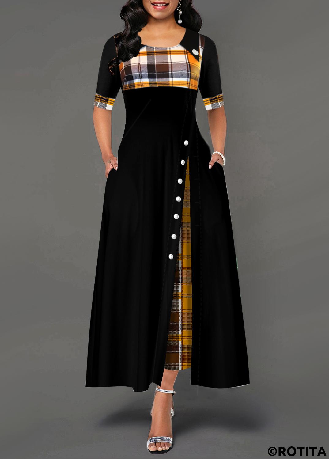 Ginger dresses,Plaid dresses,Party dresses,Elegant dresses,ROTITA Decorative Button Plaid Ginger Round neck Dress
