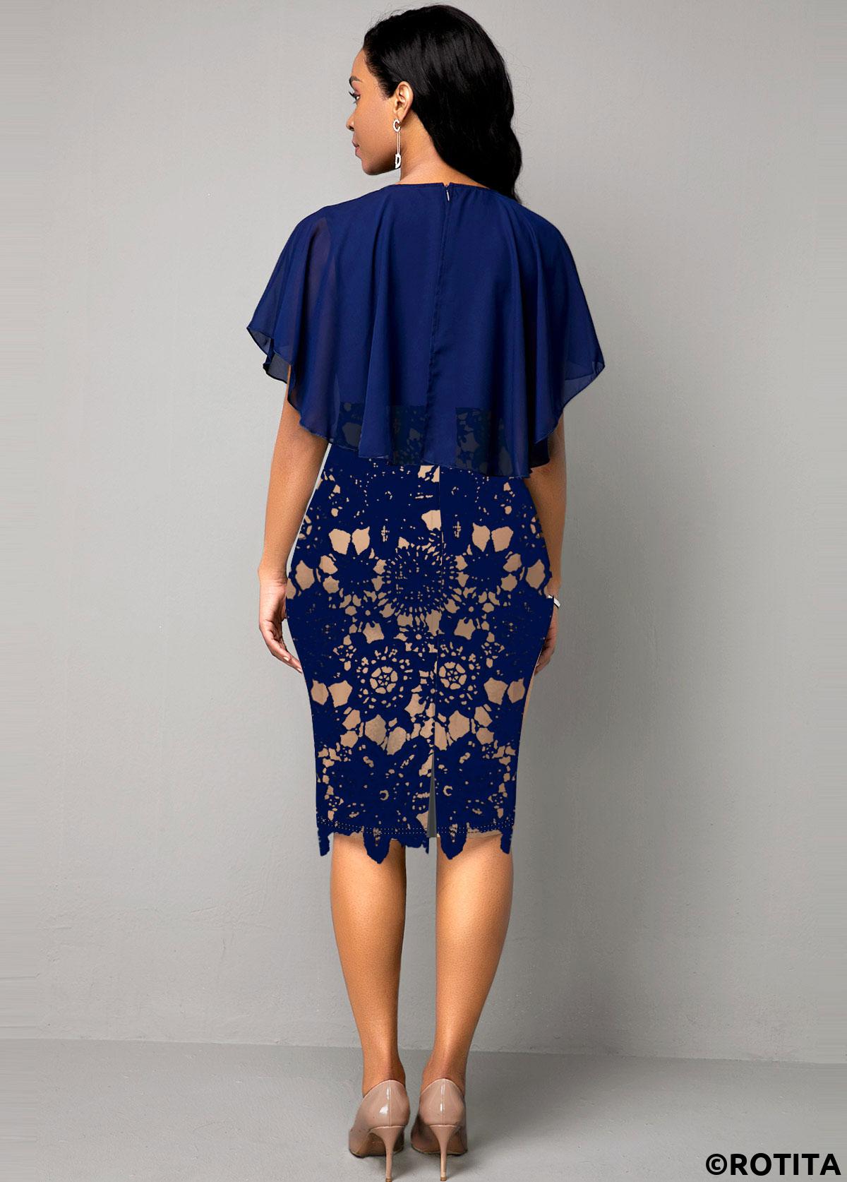 ROTITA Robe bleu marine à empiècement en dentelle et manches cape