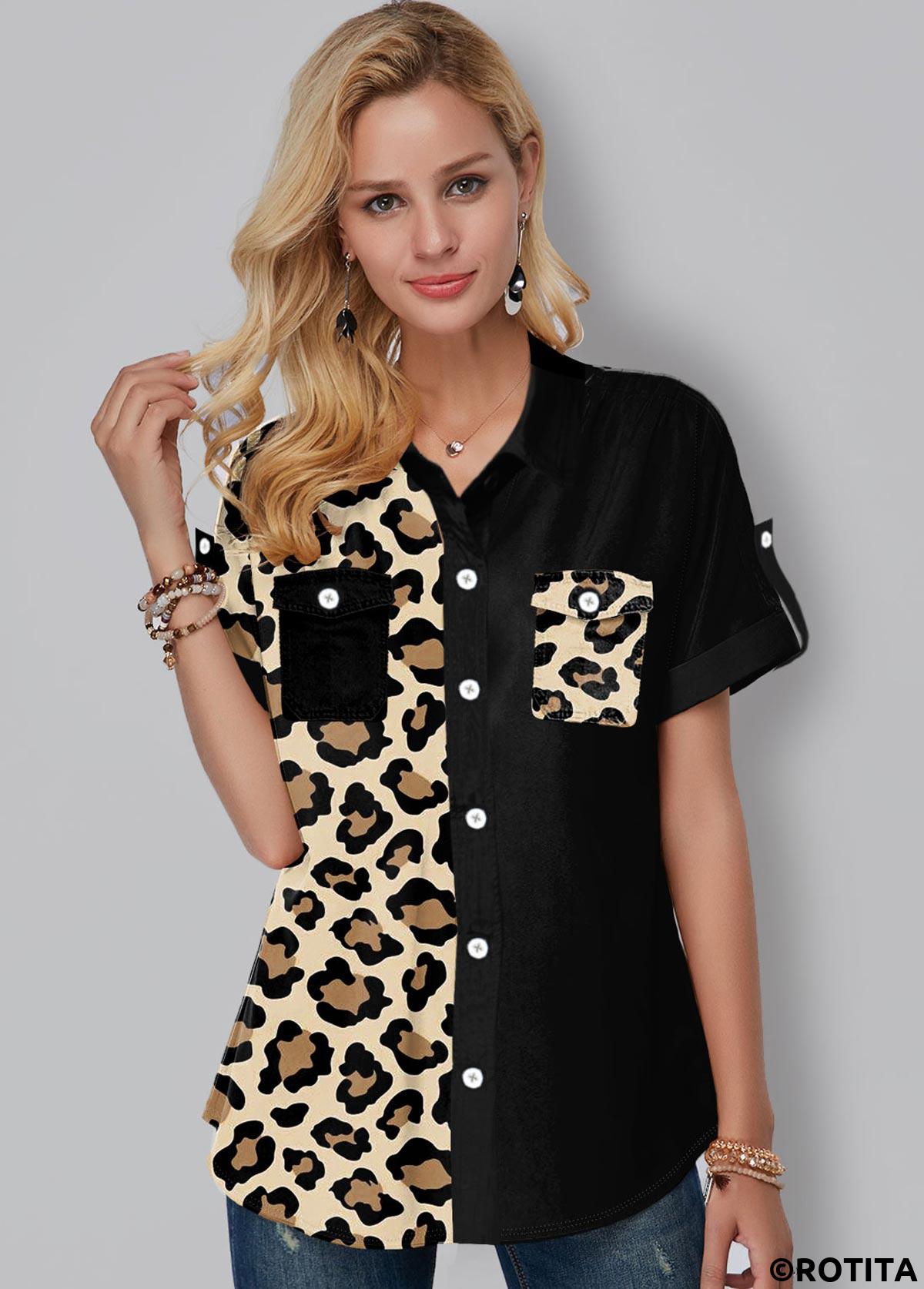 ROTITA Blouse boutonnée à imprimé léopard avec poche poitrine