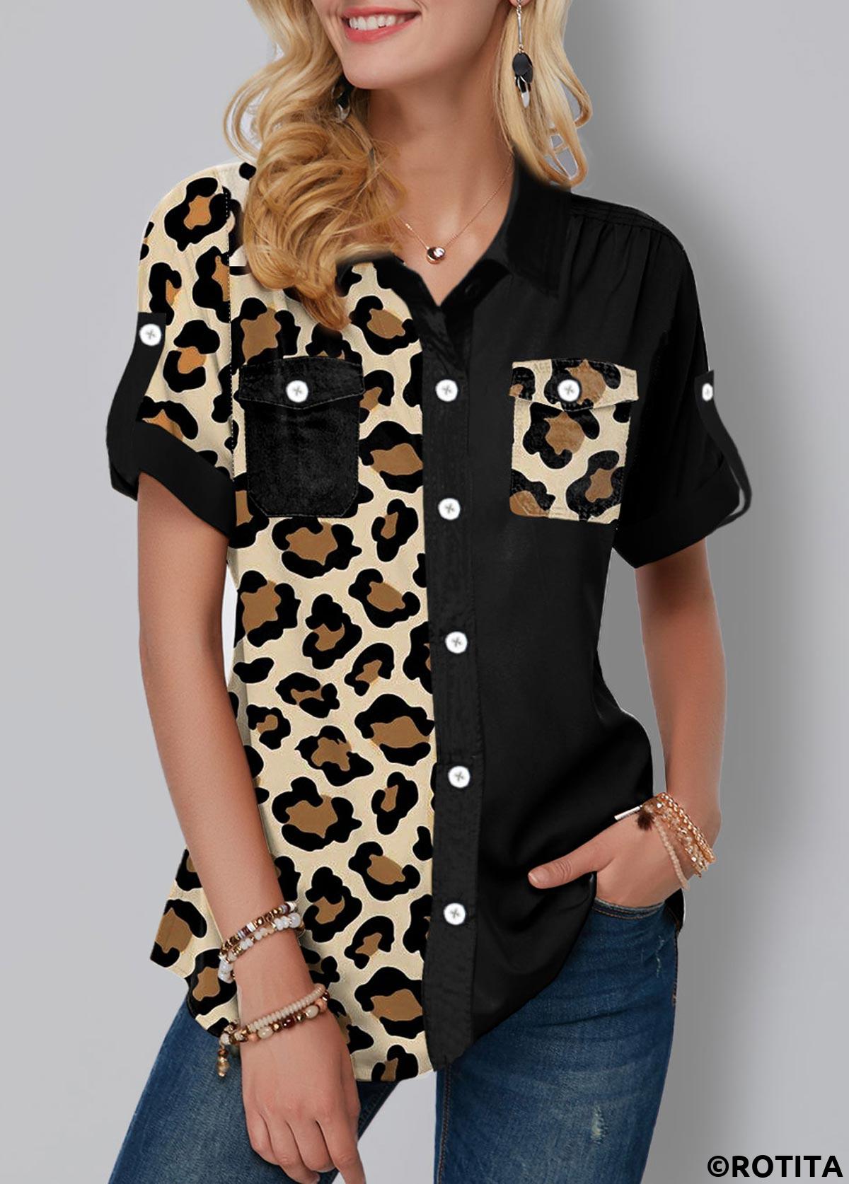 ROTITA Blouse boutonnée à imprimé léopard avec poche poitrine