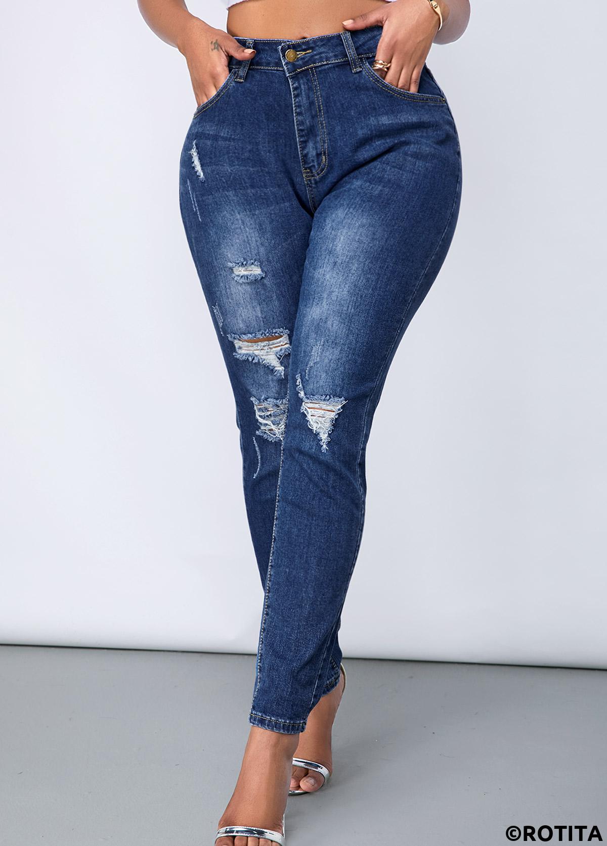 Denim Blue bottoms,Plain Color bottoms,ROTITA Shredded Acid Washed Slant Pocket Skinny Jeans
