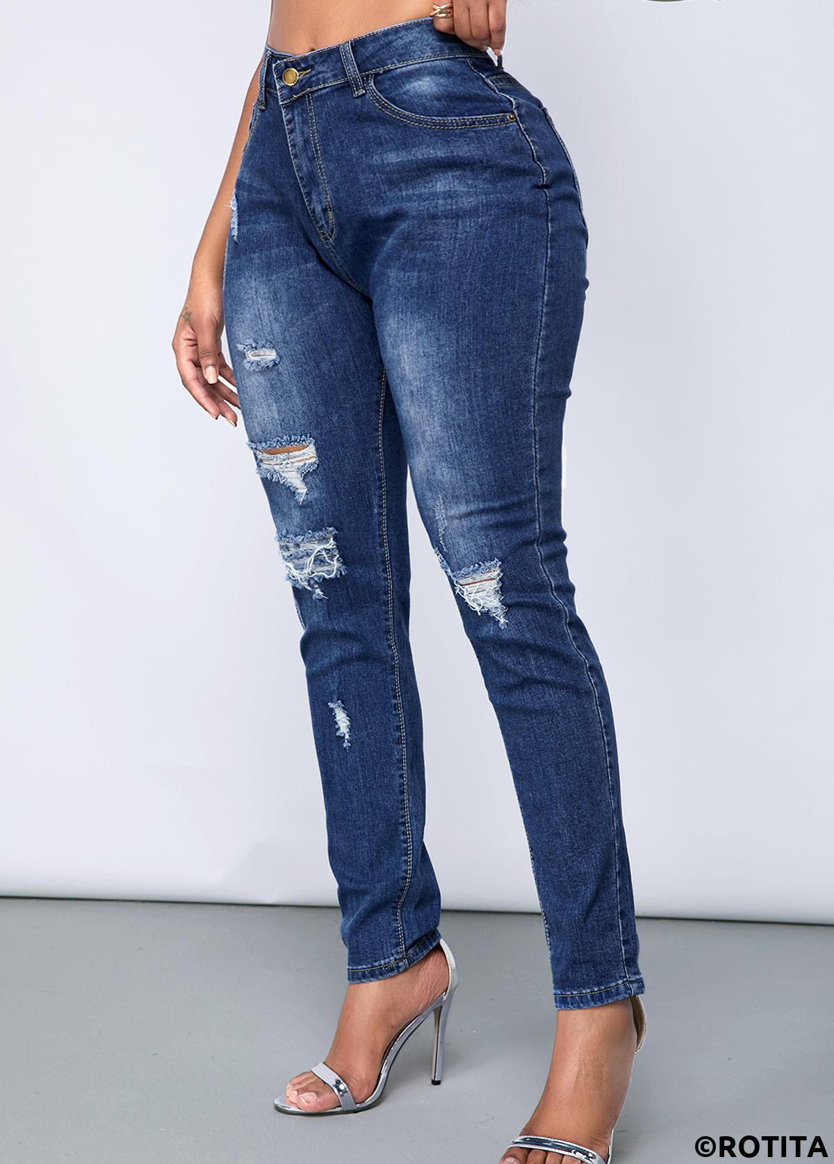 Denim Blue bottoms,Plain Color bottoms,ROTITA Shredded Acid Washed Slant Pocket Skinny Jeans