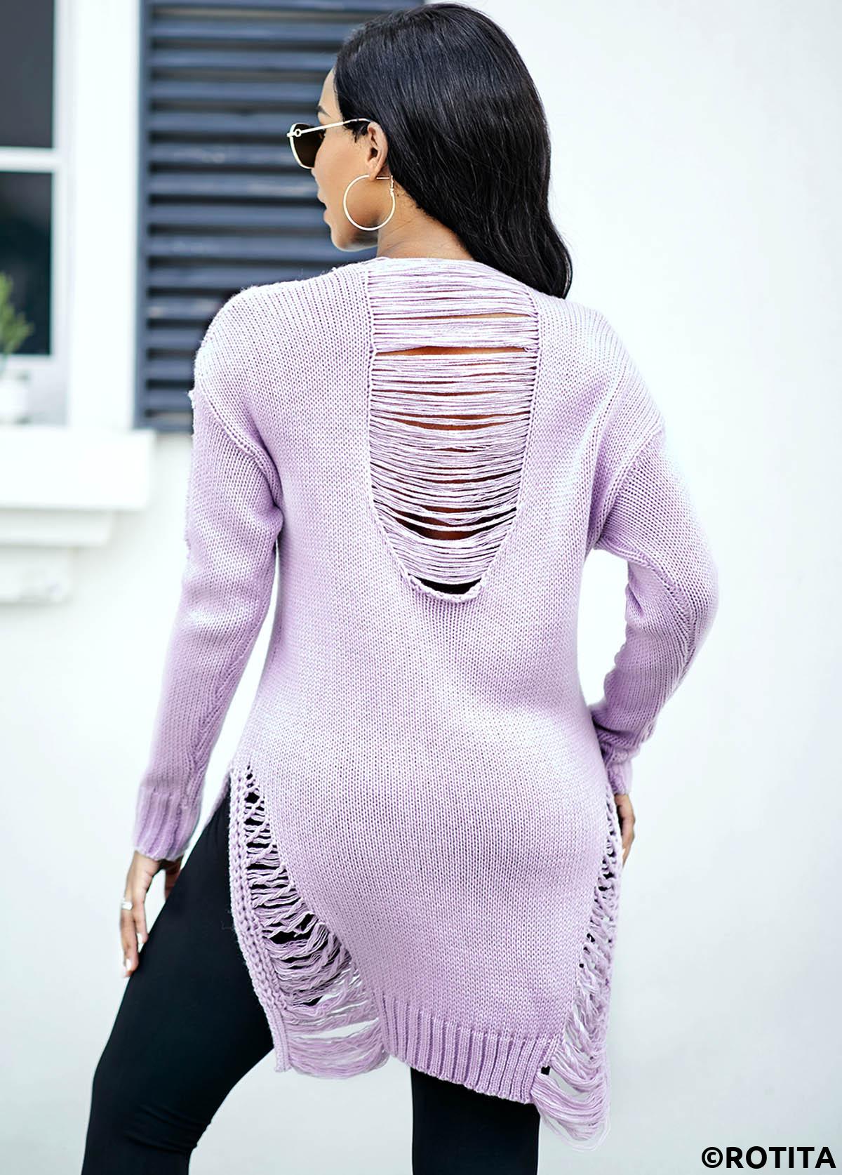 Purple tops,Plain Color tops,Long Sleeve Asymmetric Hem Draped Fringe Sweater