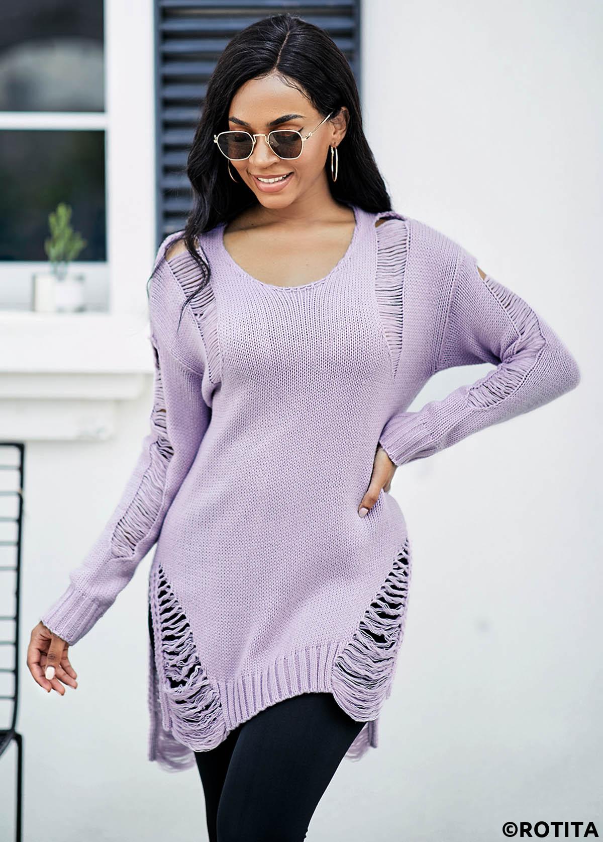 Purple tops,Plain Color tops,Long Sleeve Asymmetric Hem Draped Fringe Sweater