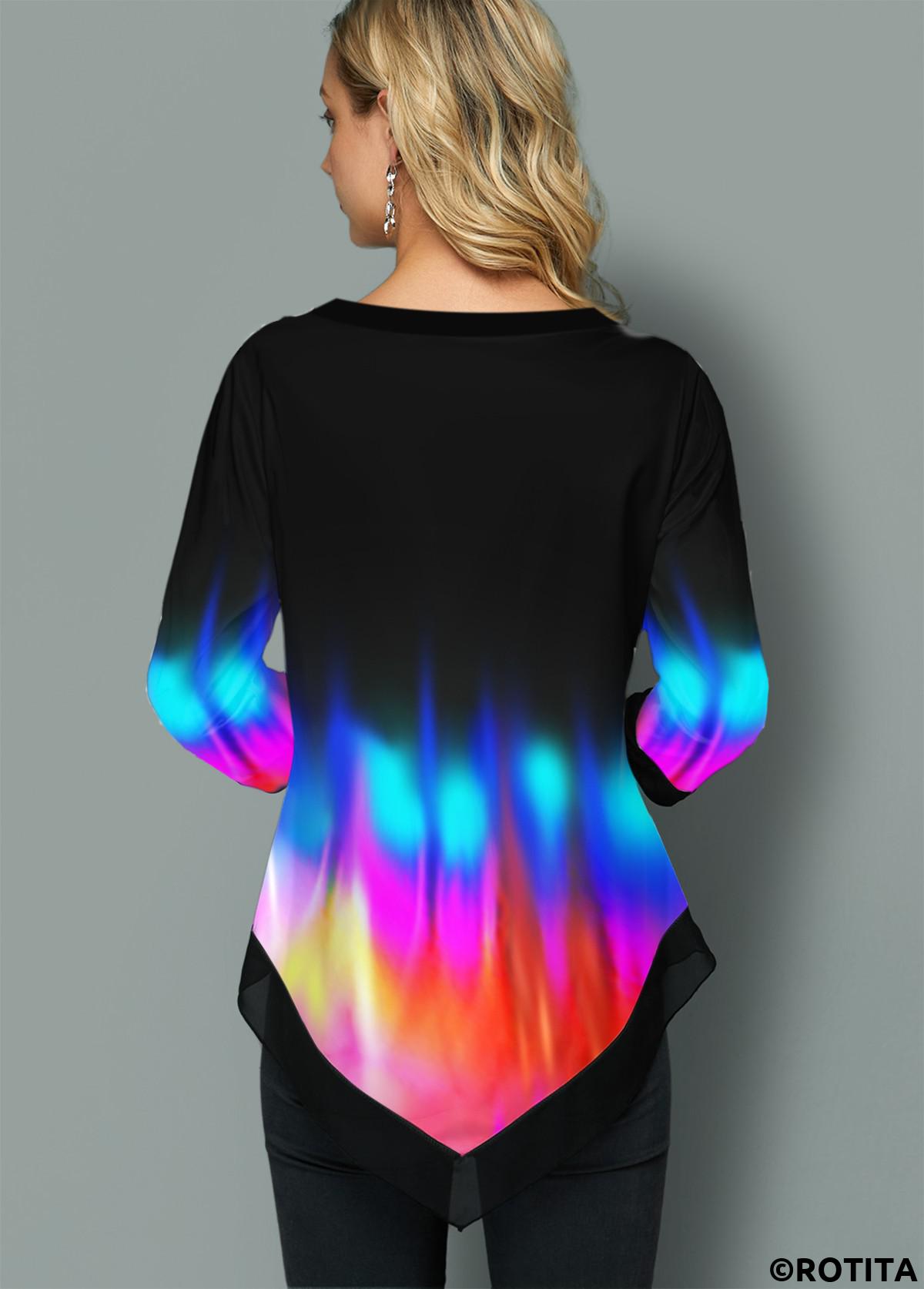 Black tops,Ombre tops,ROTITA Patchwork Ombre Black Split Neck 3/4 Sleeve Blouse