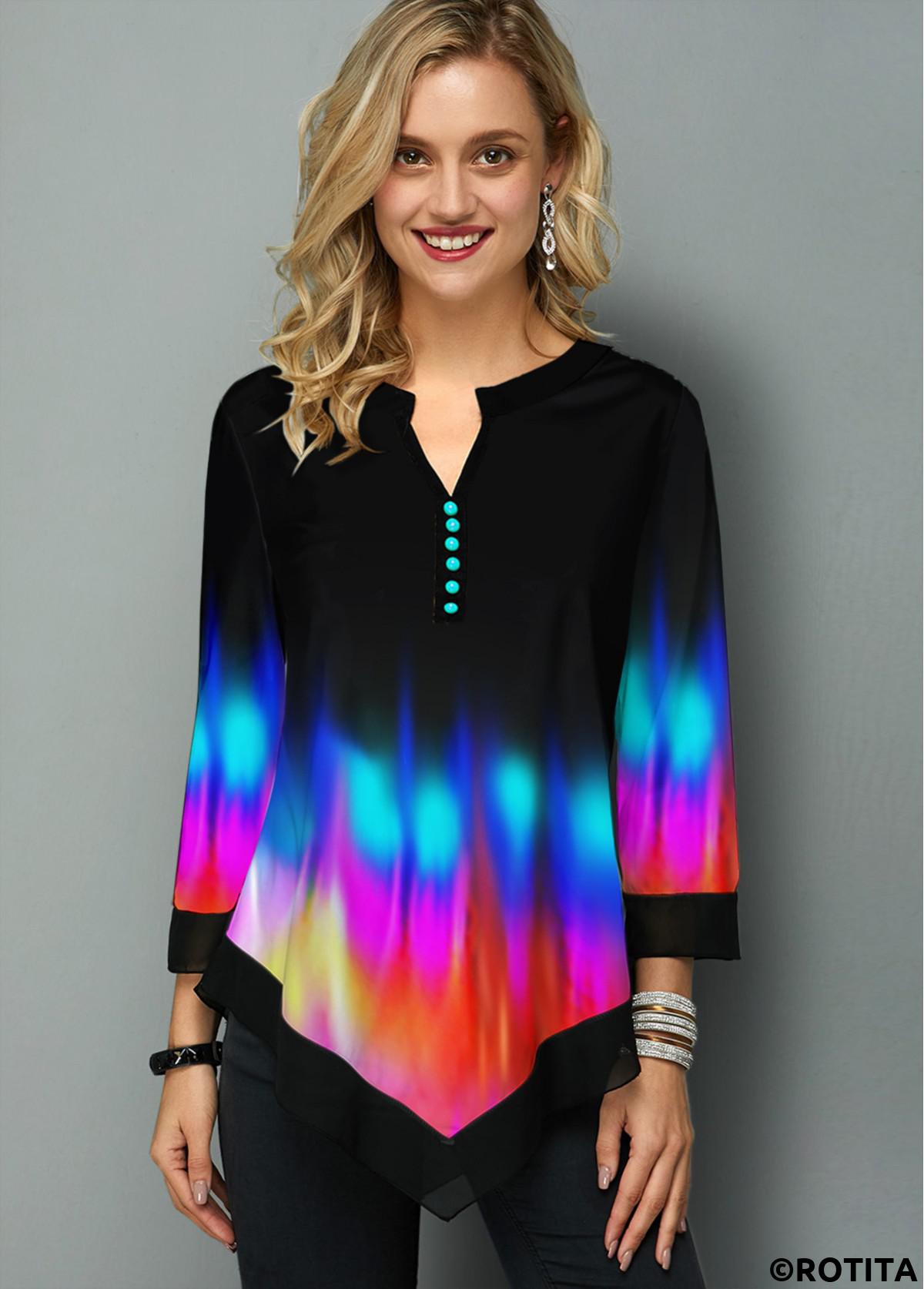Black tops,Ombre tops,ROTITA Patchwork Ombre Black Split Neck 3/4 Sleeve Blouse