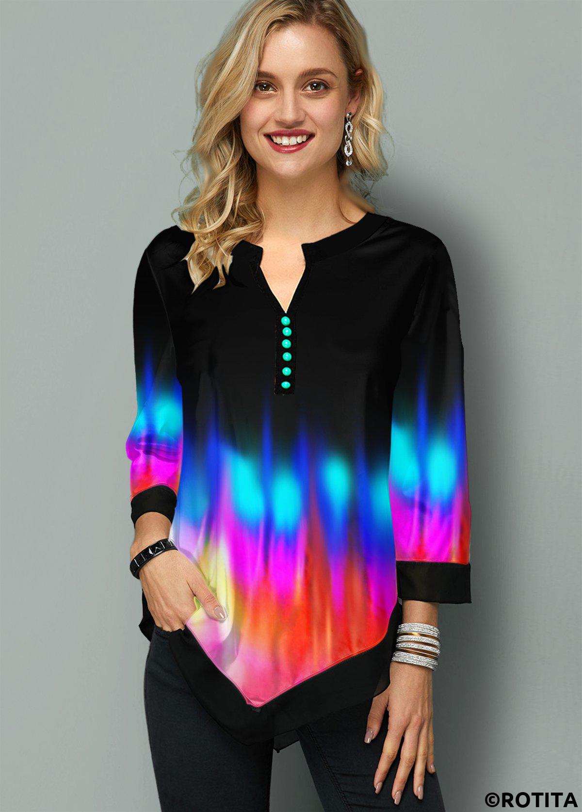 Black tops,Ombre tops,ROTITA Patchwork Ombre Black Split Neck 3/4 Sleeve Blouse