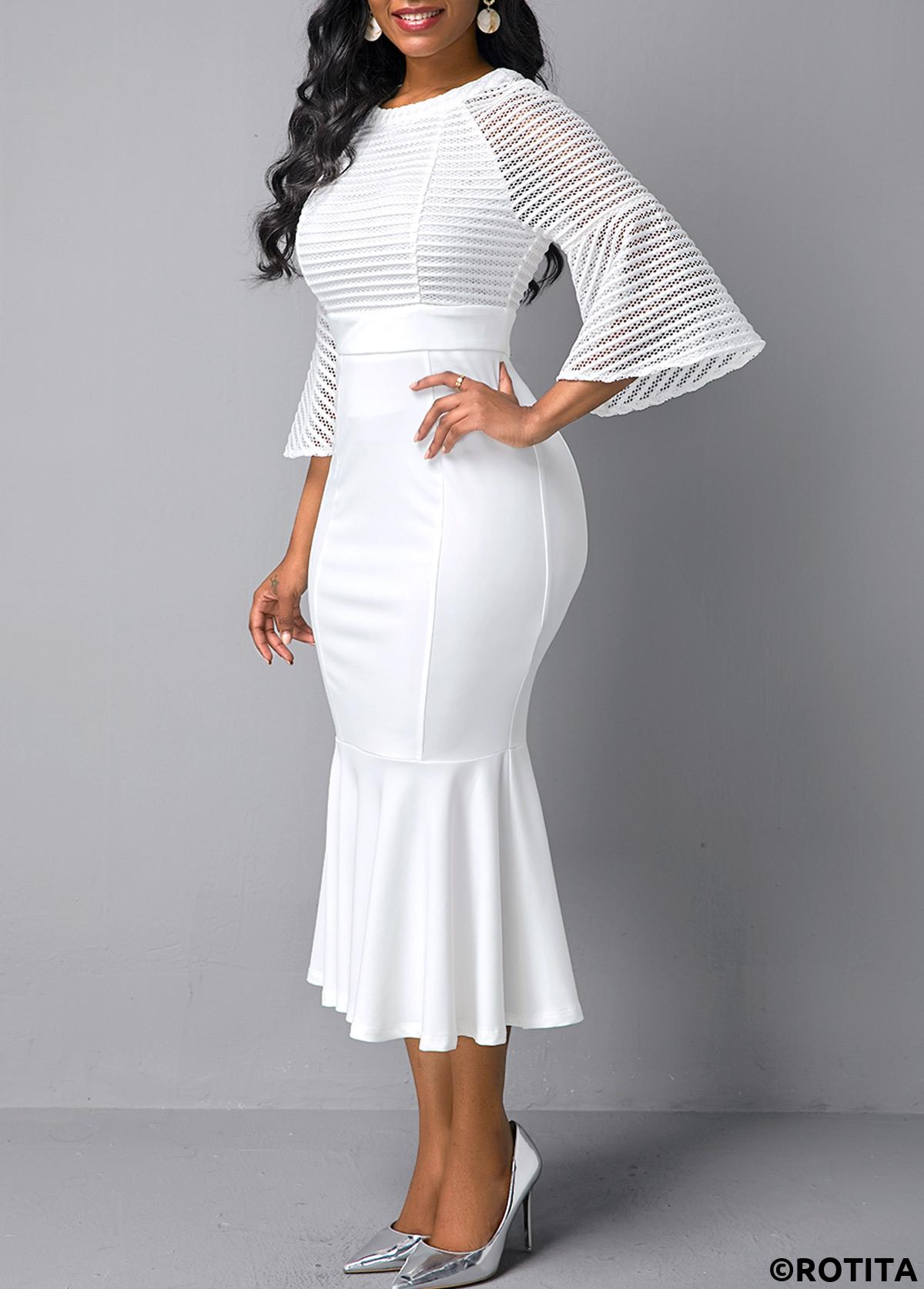White dresses,Plain Color dresses,Party dresses,Elegant dresses,ROTITA Flare Sleeve Round Neck Mesh Panel Mermaid Dress
