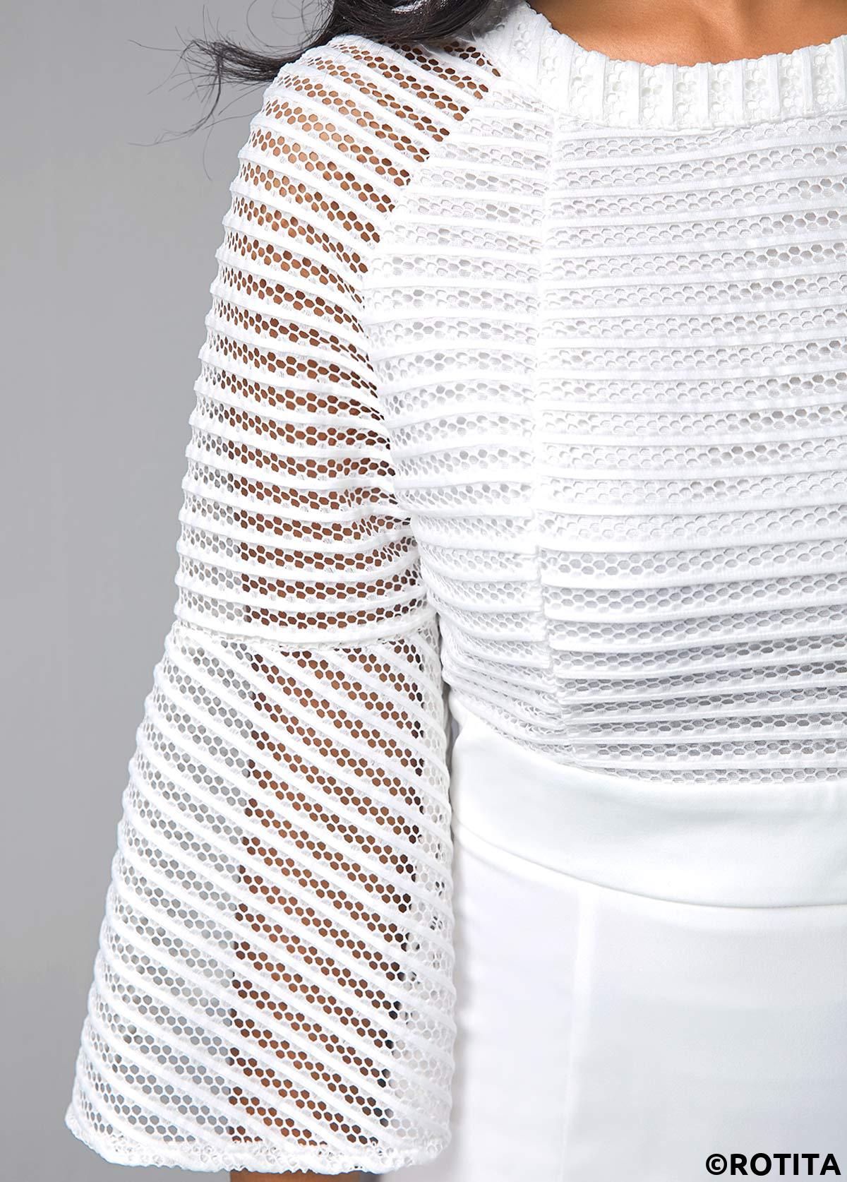 White dresses,Plain Color dresses,Party dresses,Elegant dresses,ROTITA Flare Sleeve Round Neck Mesh Panel Mermaid Dress